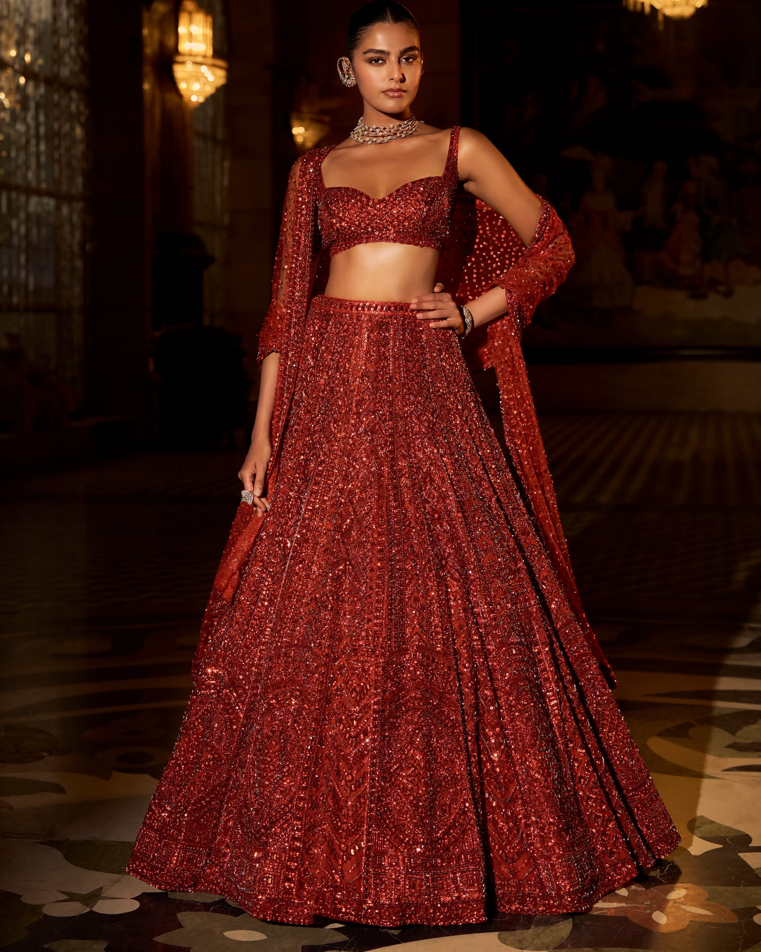 Brick Red Crystal Lehenga Set