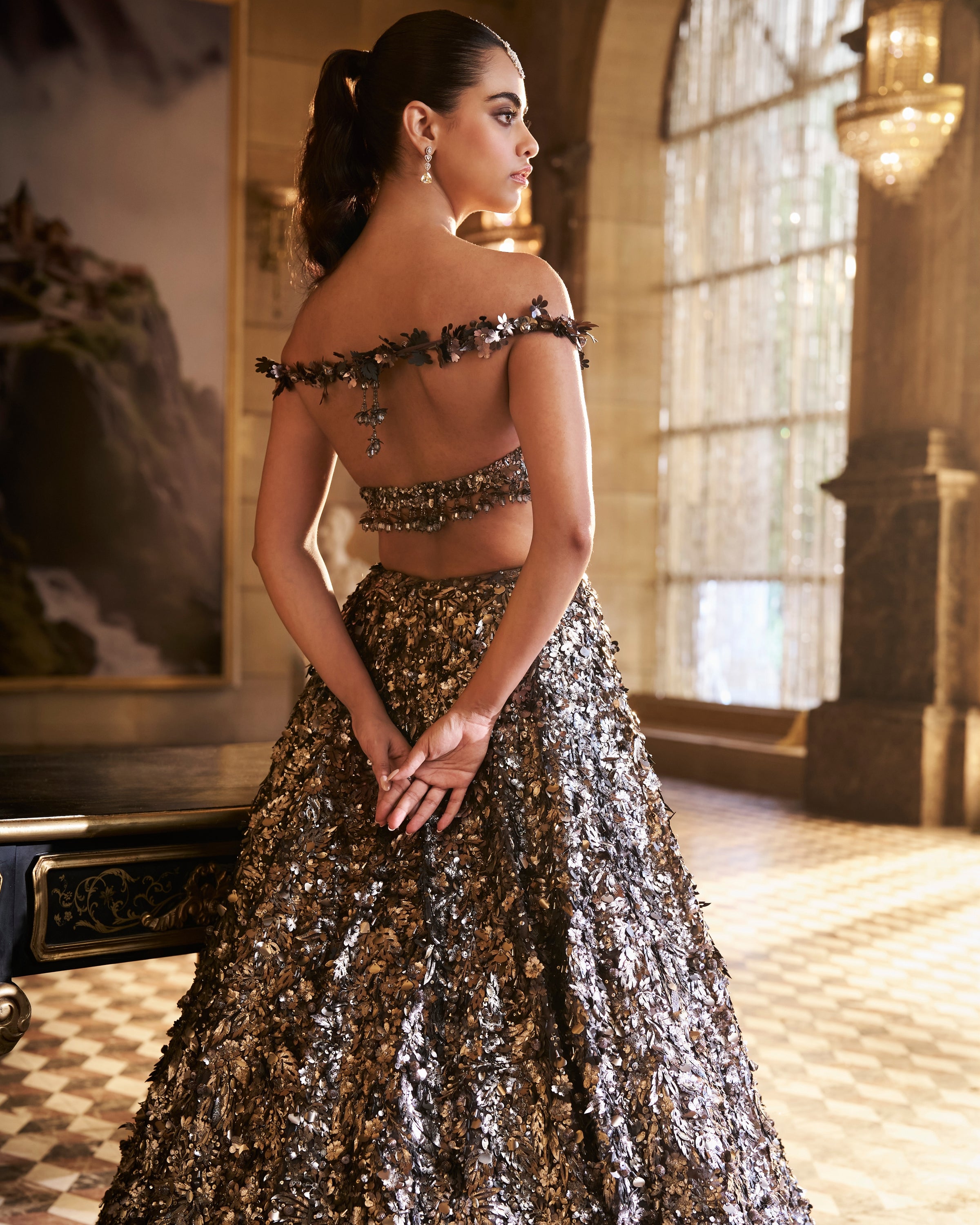 Metallic Silver 3D Lehenga Set