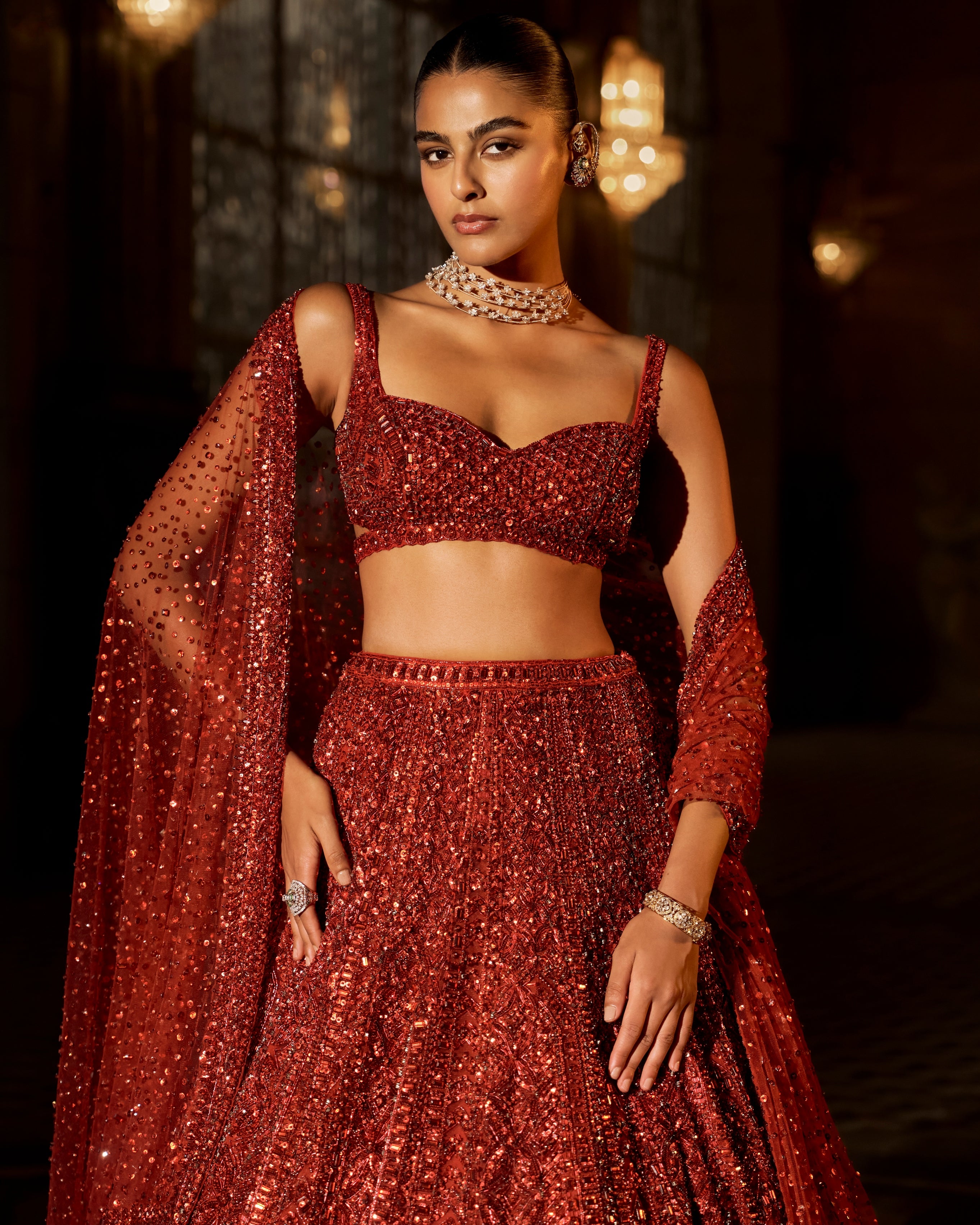 Brick Red Crystal Lehenga Set