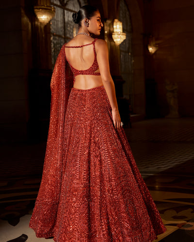 Brick Red Crystal Lehenga Set