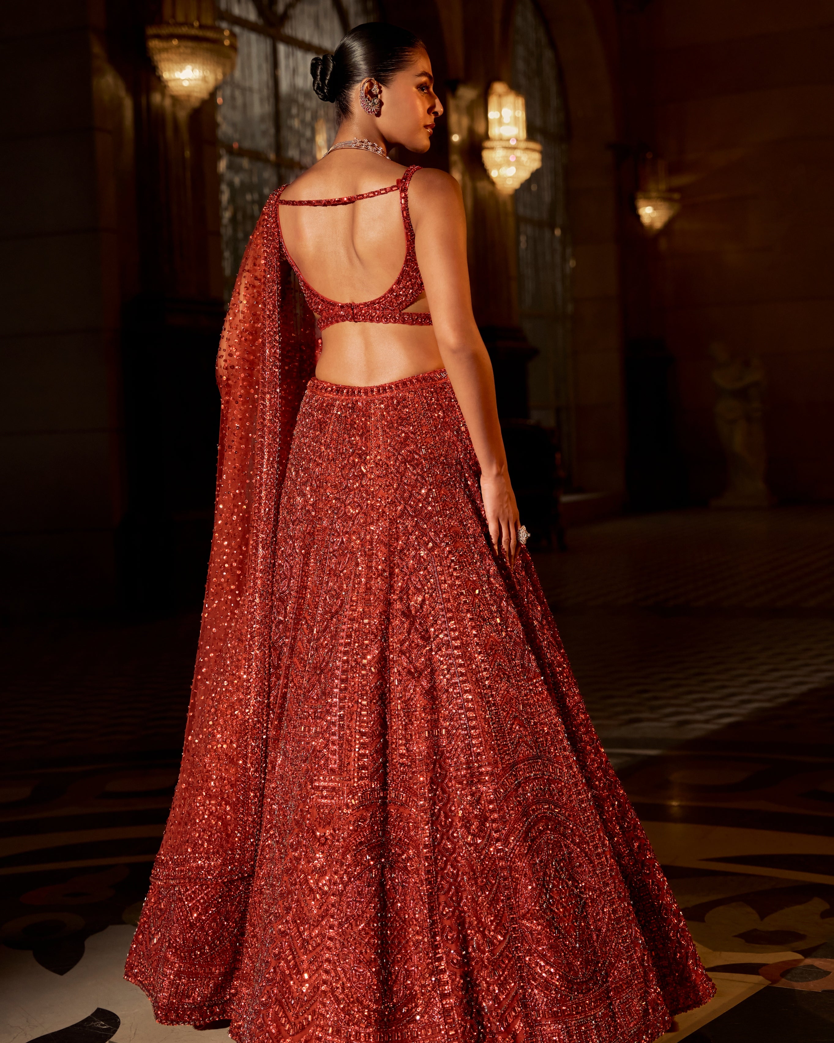 Brick Red Crystal Lehenga Set
