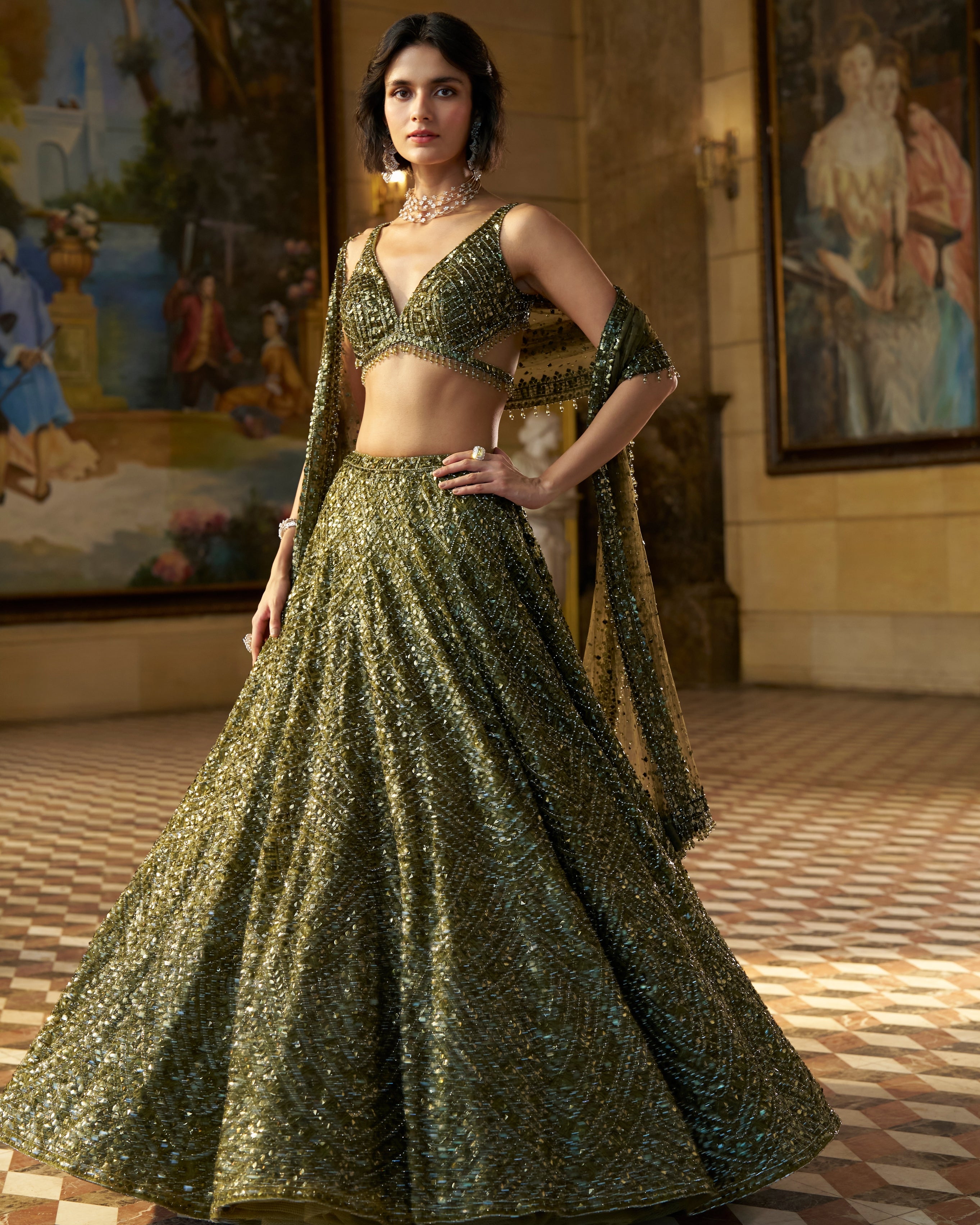 Moss Green Sequin Lehenga Set