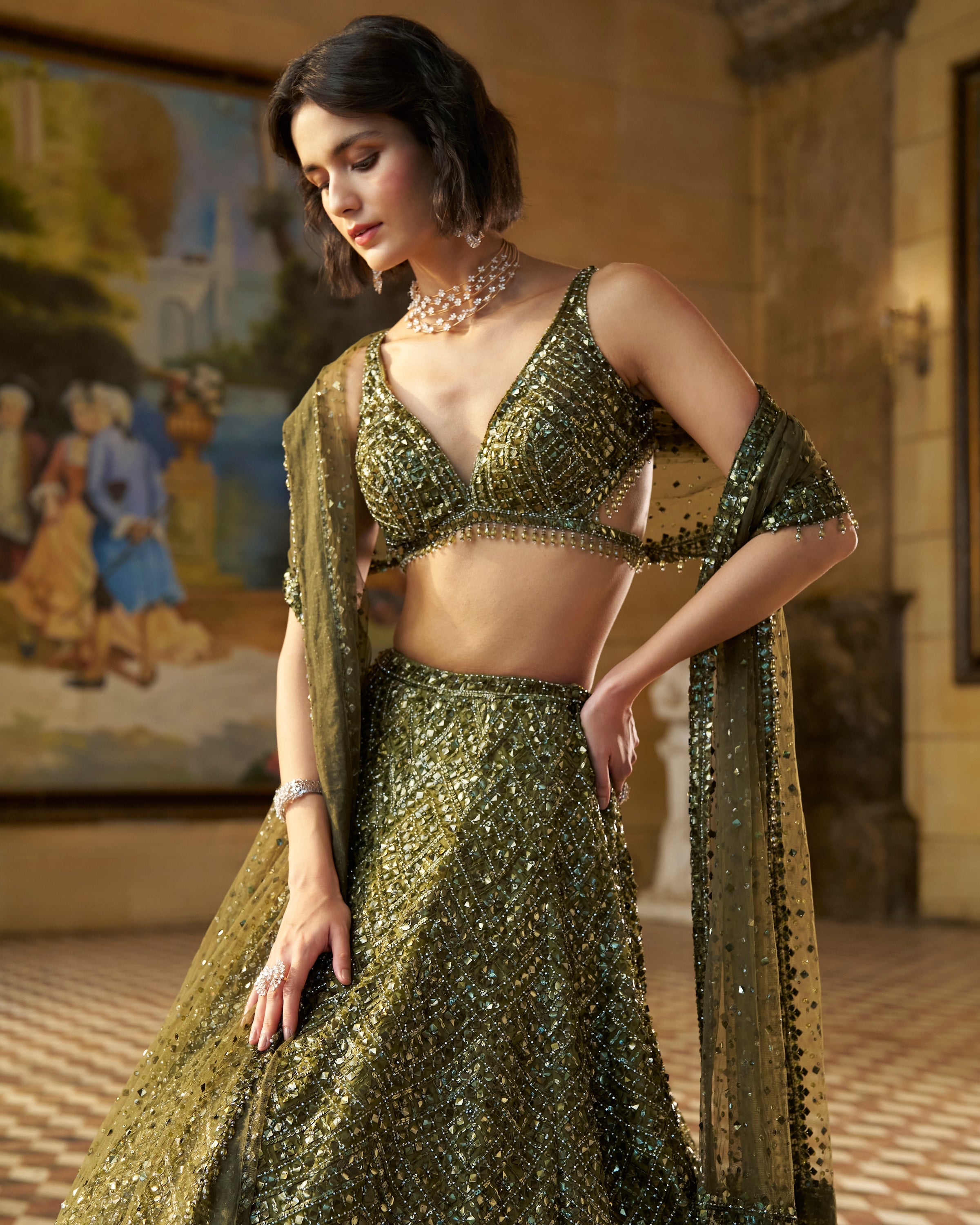 Moss Green Sequin Lehenga Set