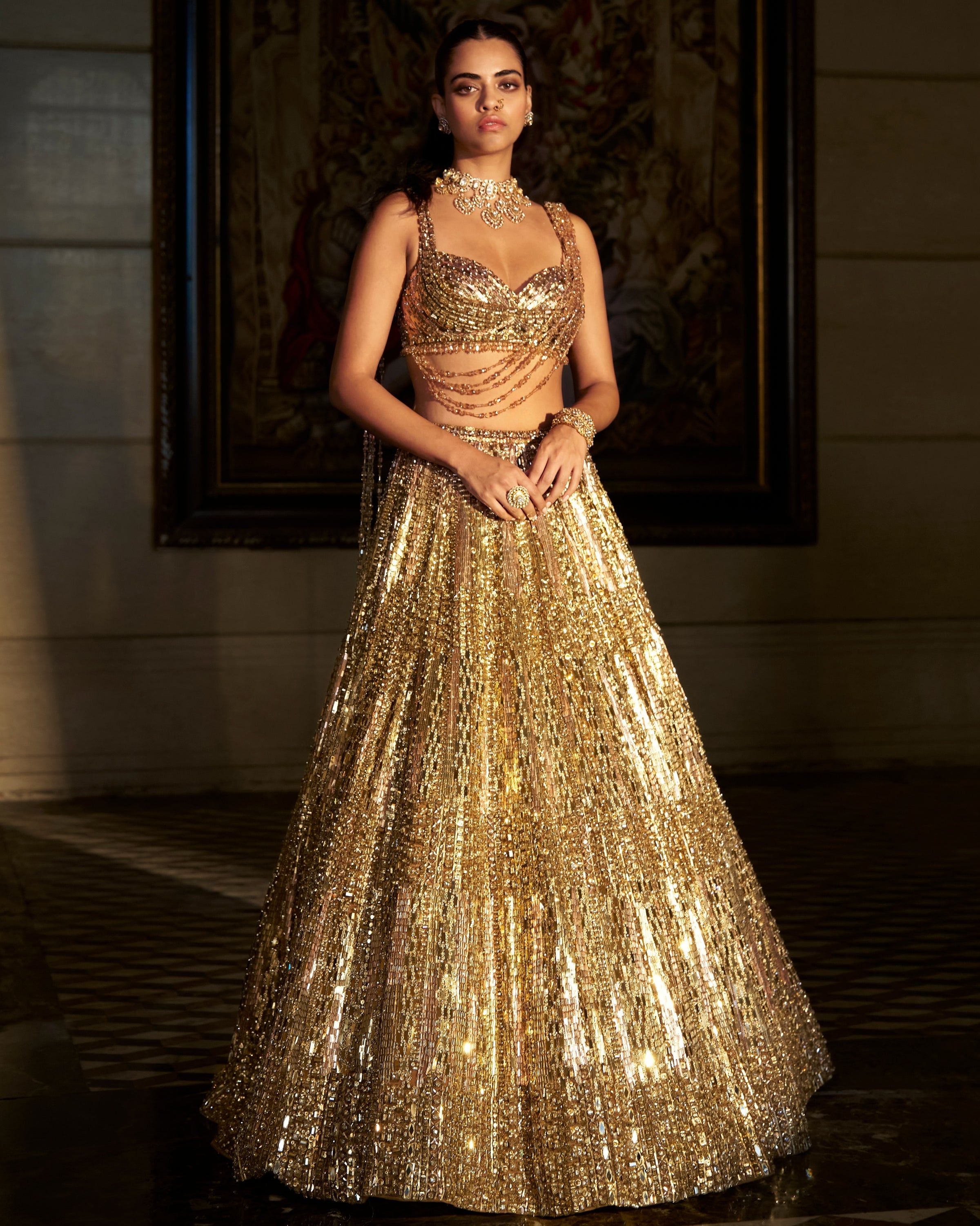 Gold Crystal Lehenga Set