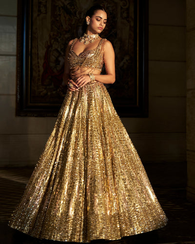 Gold Crystal Lehenga Set