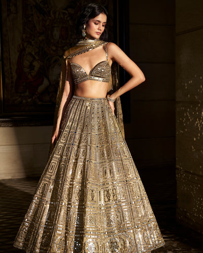 Antique Gold Mirror Work Lehenga Set