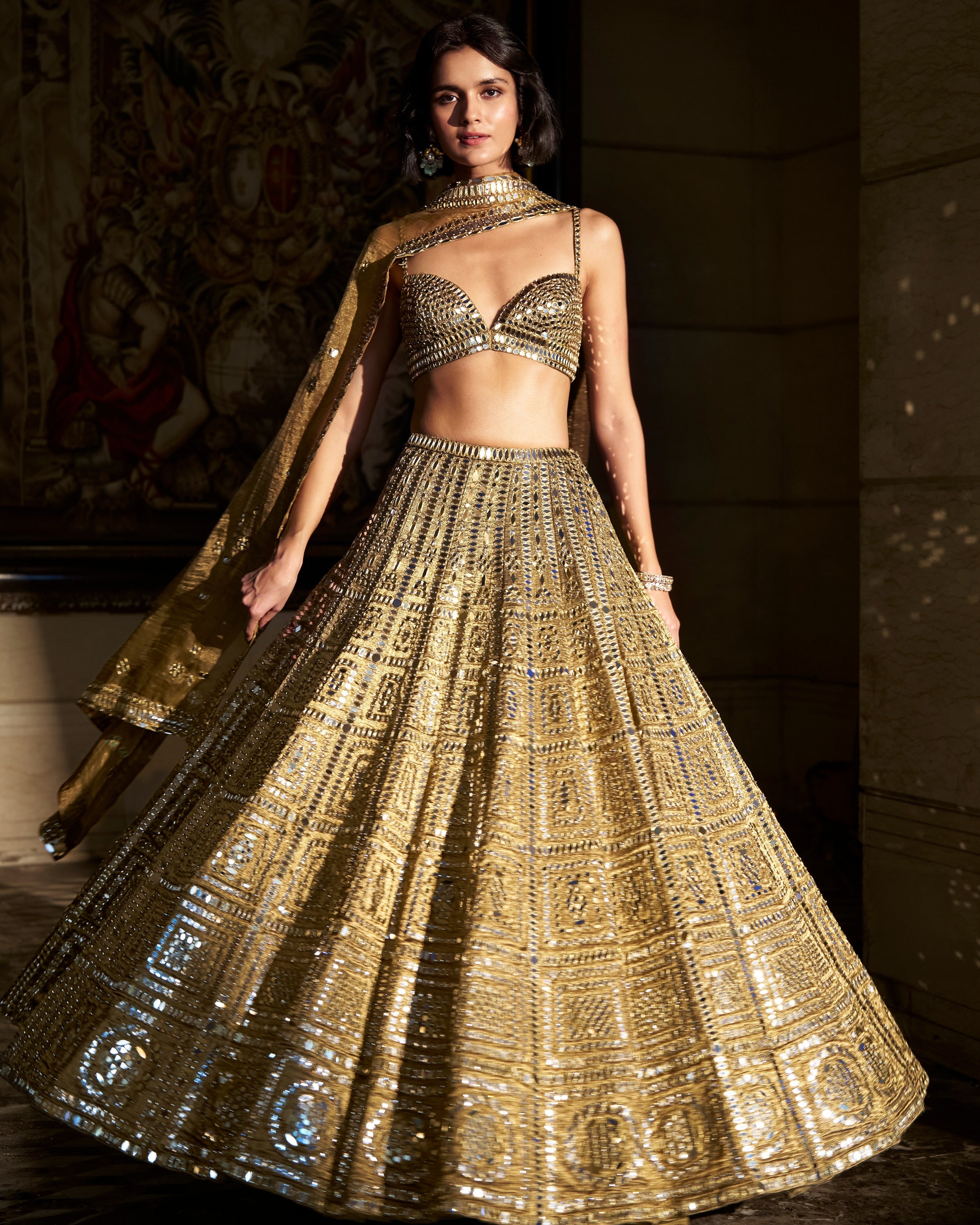 Antique Gold Mirror Work Lehenga Set