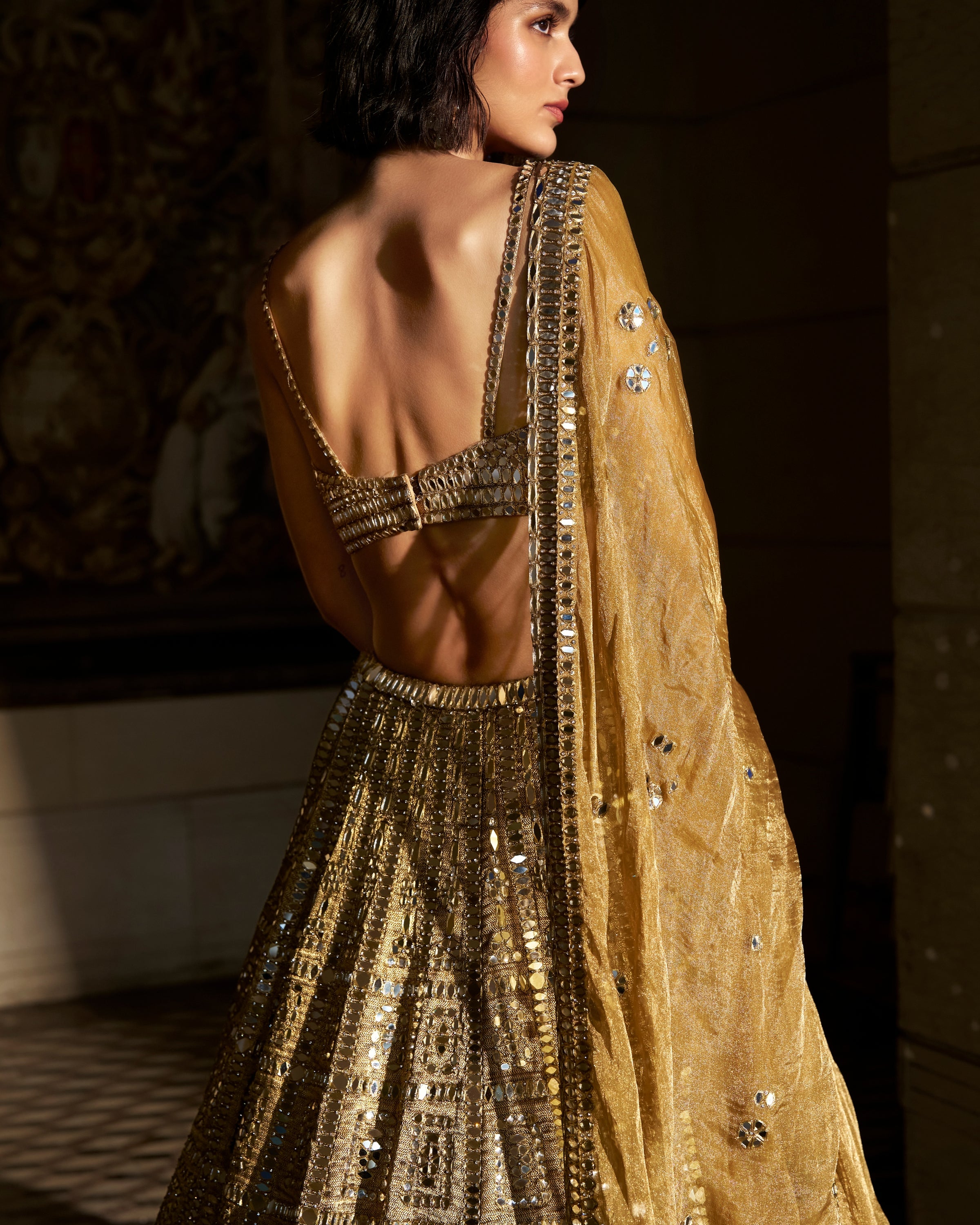 Antique Gold Mirror Work Lehenga Set