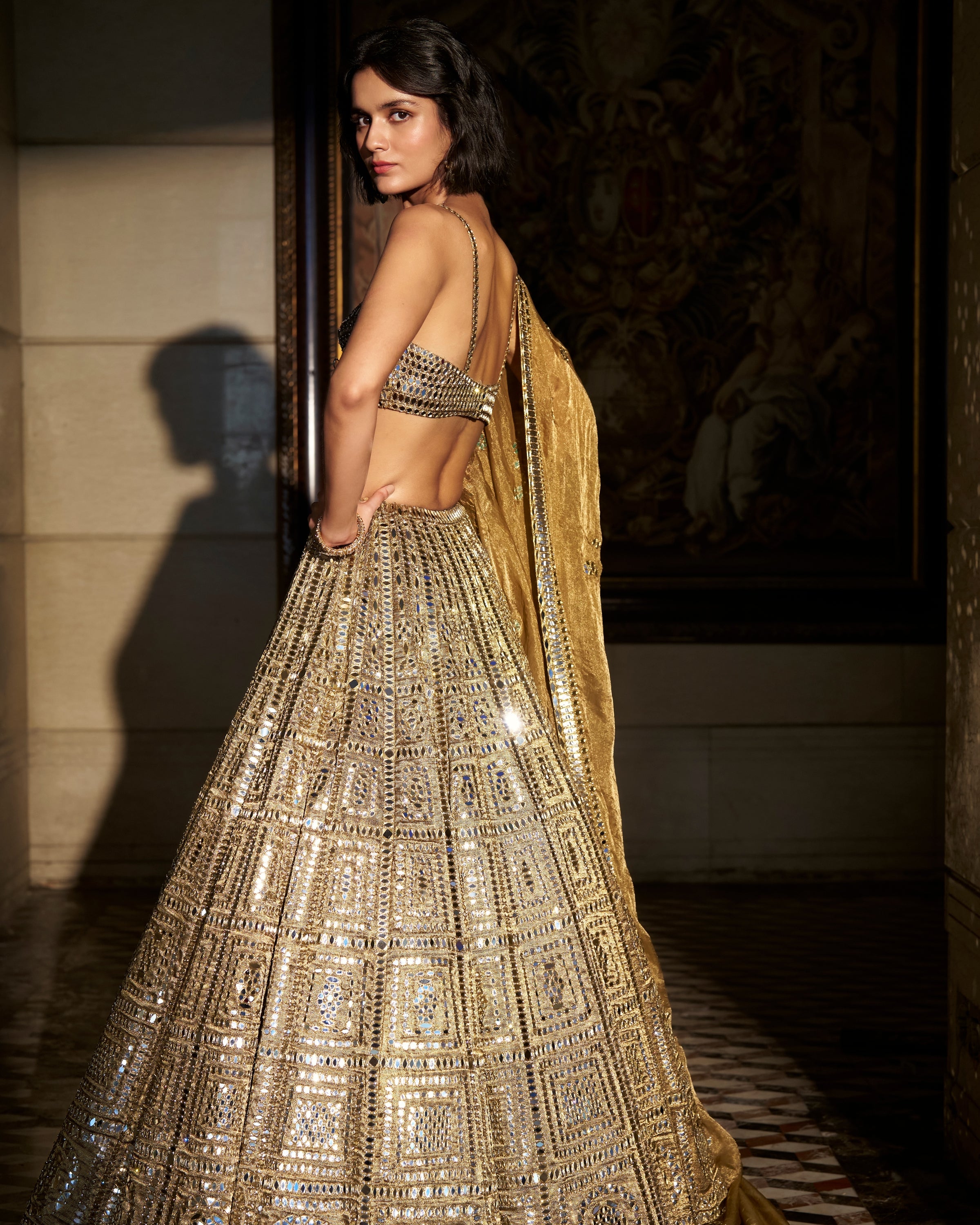 Antique Gold Mirror Work Lehenga Set