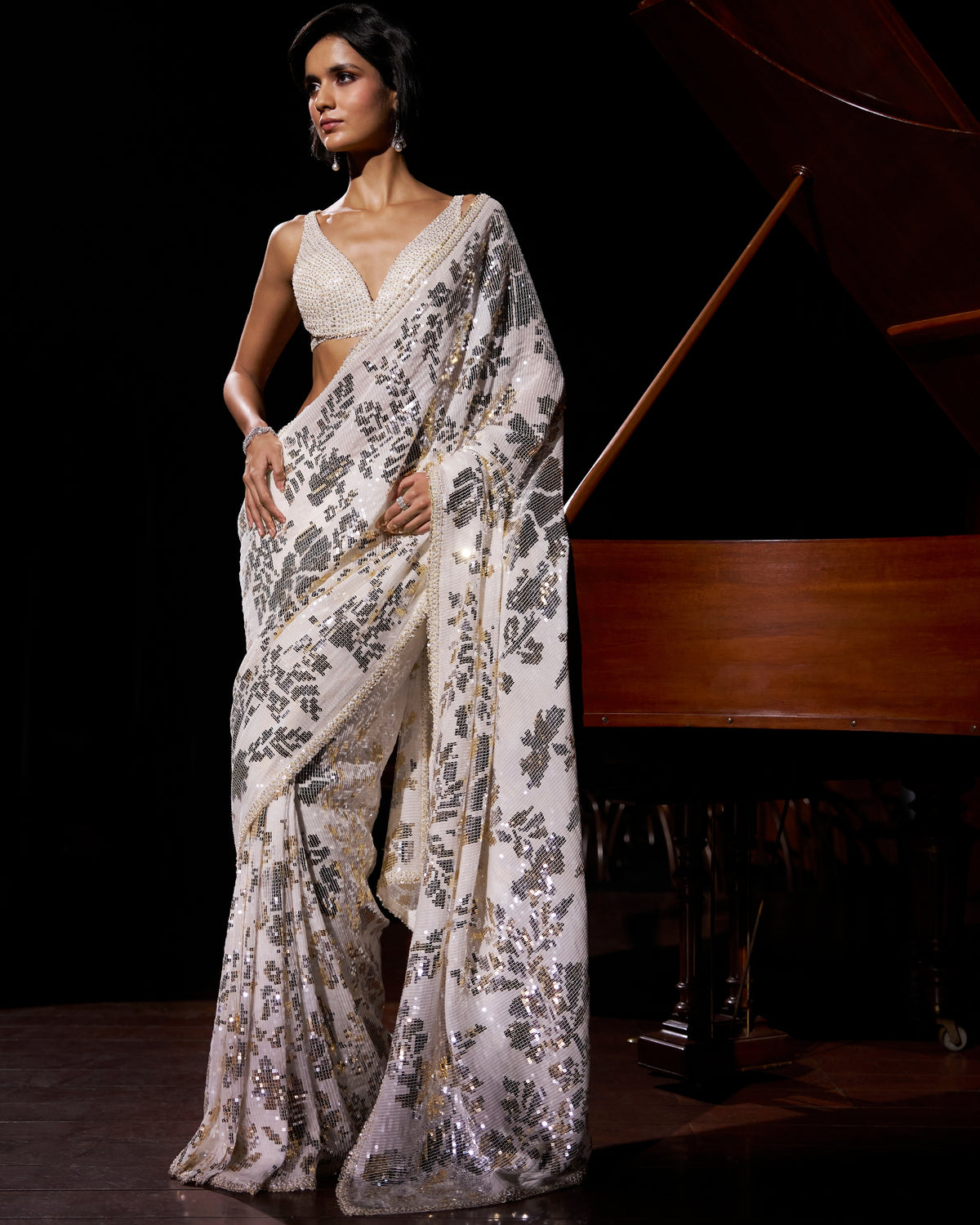 Gold Silver Sequin Georgette Sari