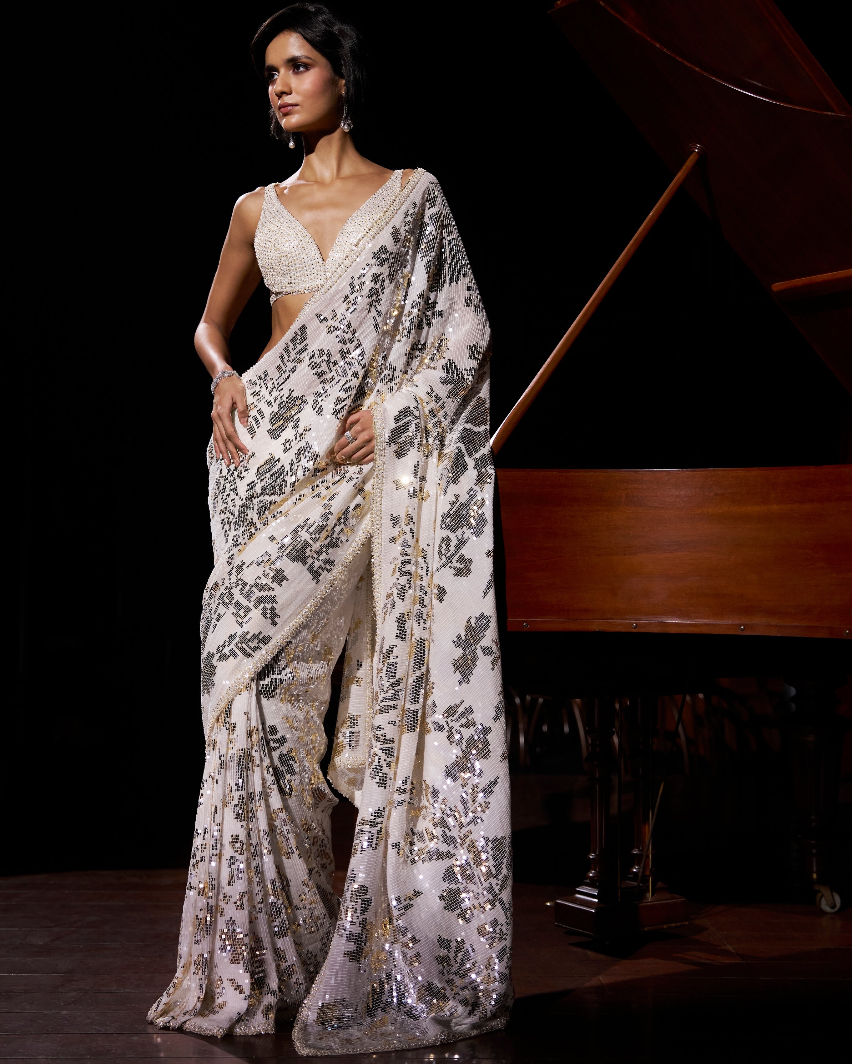 Gold Silver Sequin Georgette Sari