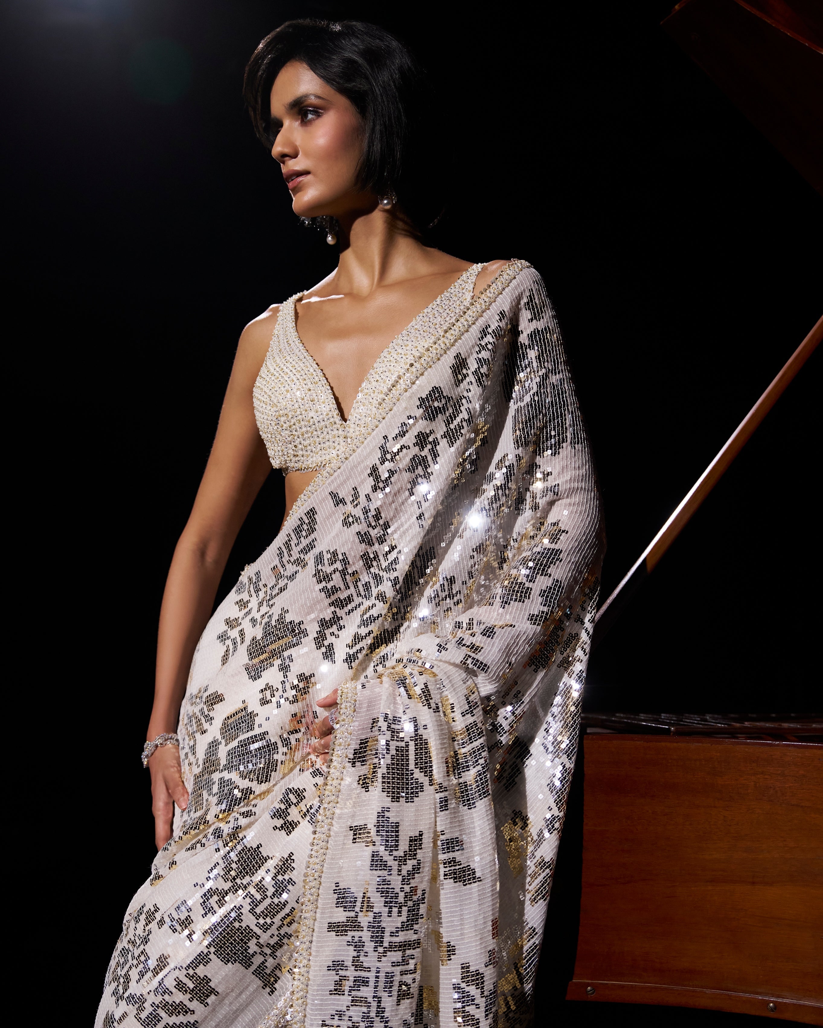 Gold Silver Sequin Georgette Sari