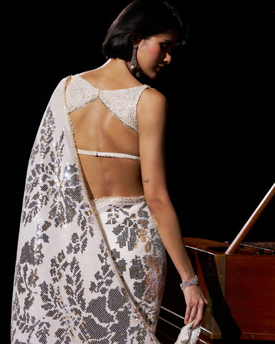 Gold Silver Sequin Georgette Sari