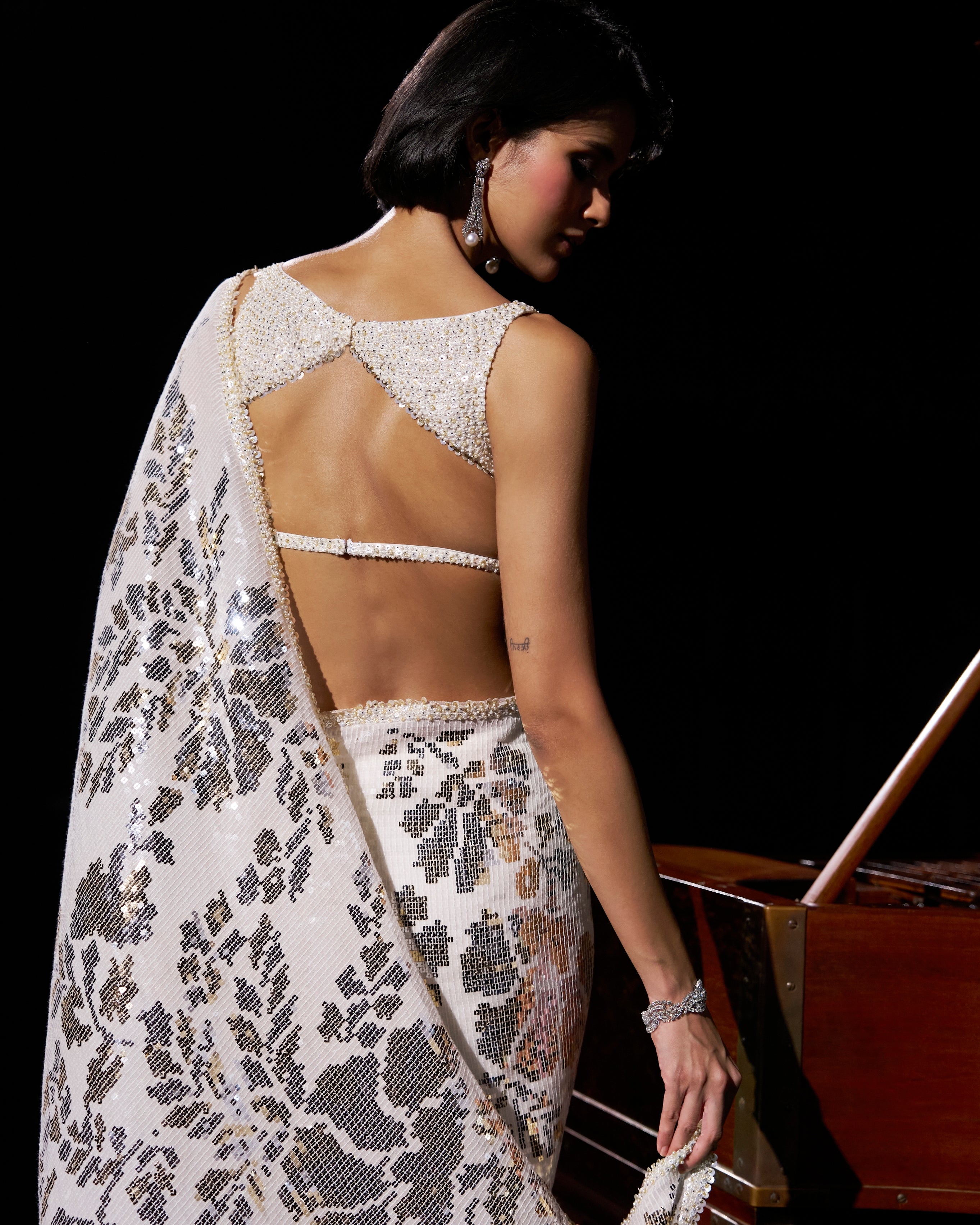 Gold Silver Sequin Georgette Sari