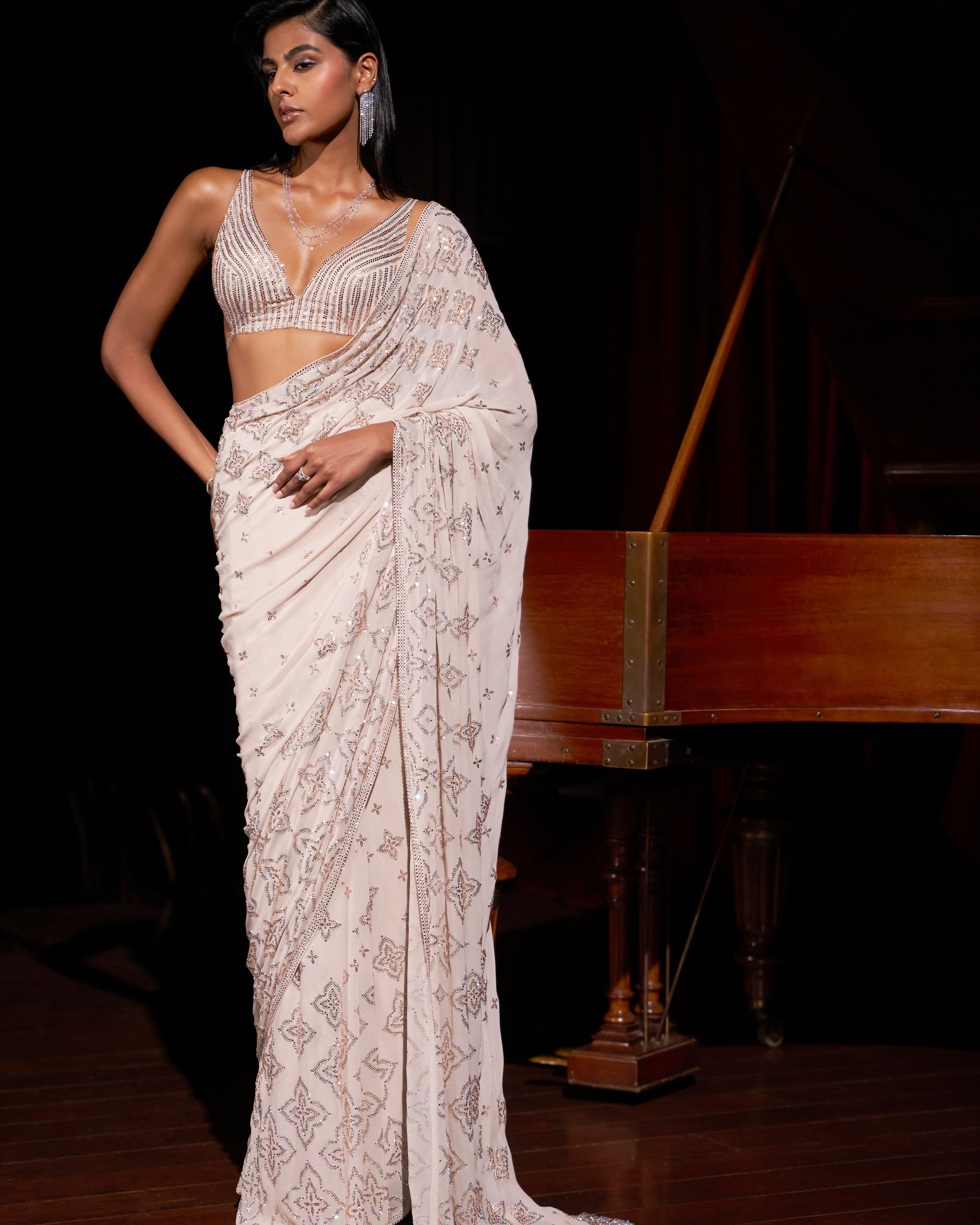 Nude Crystal Georgette Sari