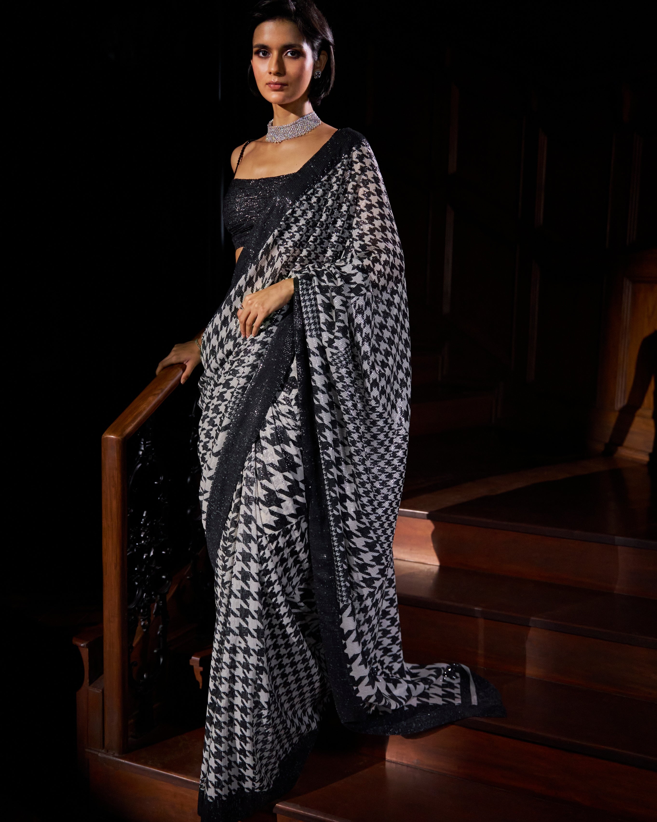 Hounds-Tooth Sequin Georgette Sari