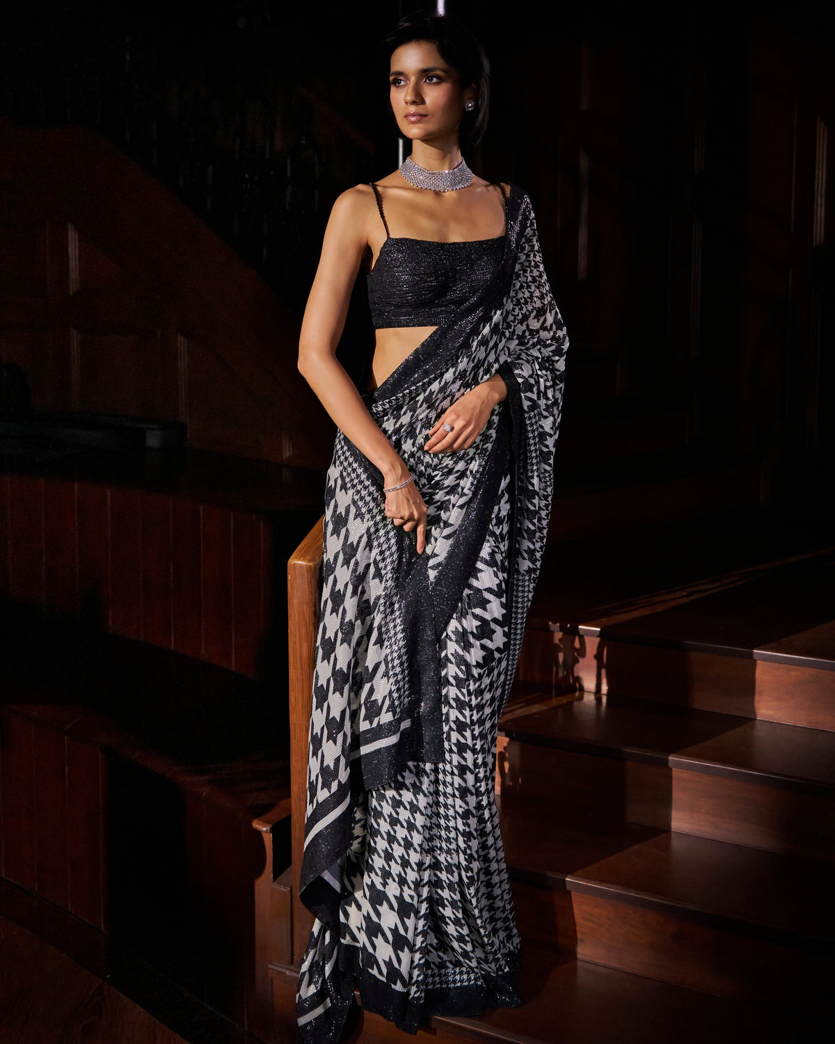 Hounds-Tooth Sequin Georgette Sari