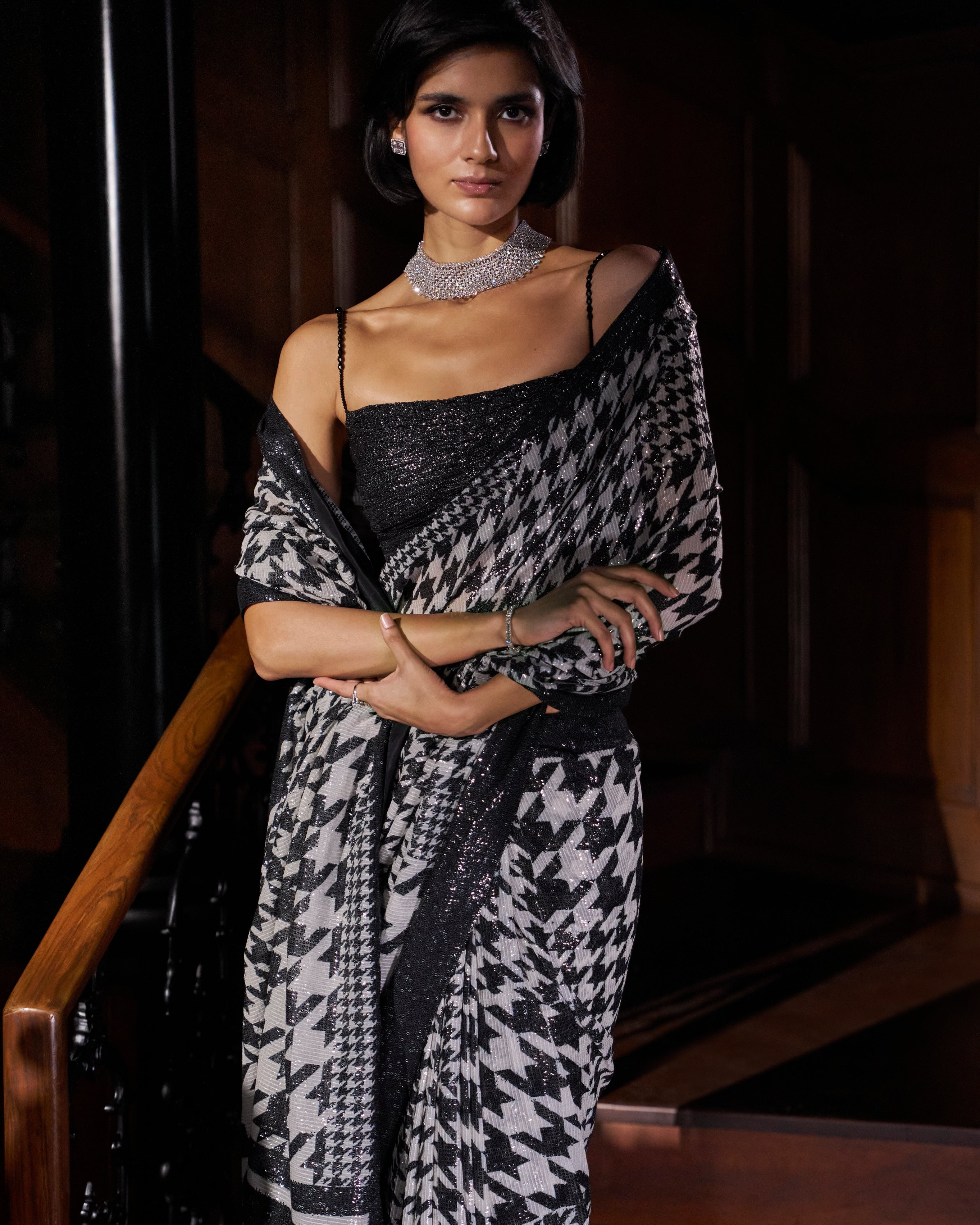 Hounds-Tooth Sequin Georgette Sari