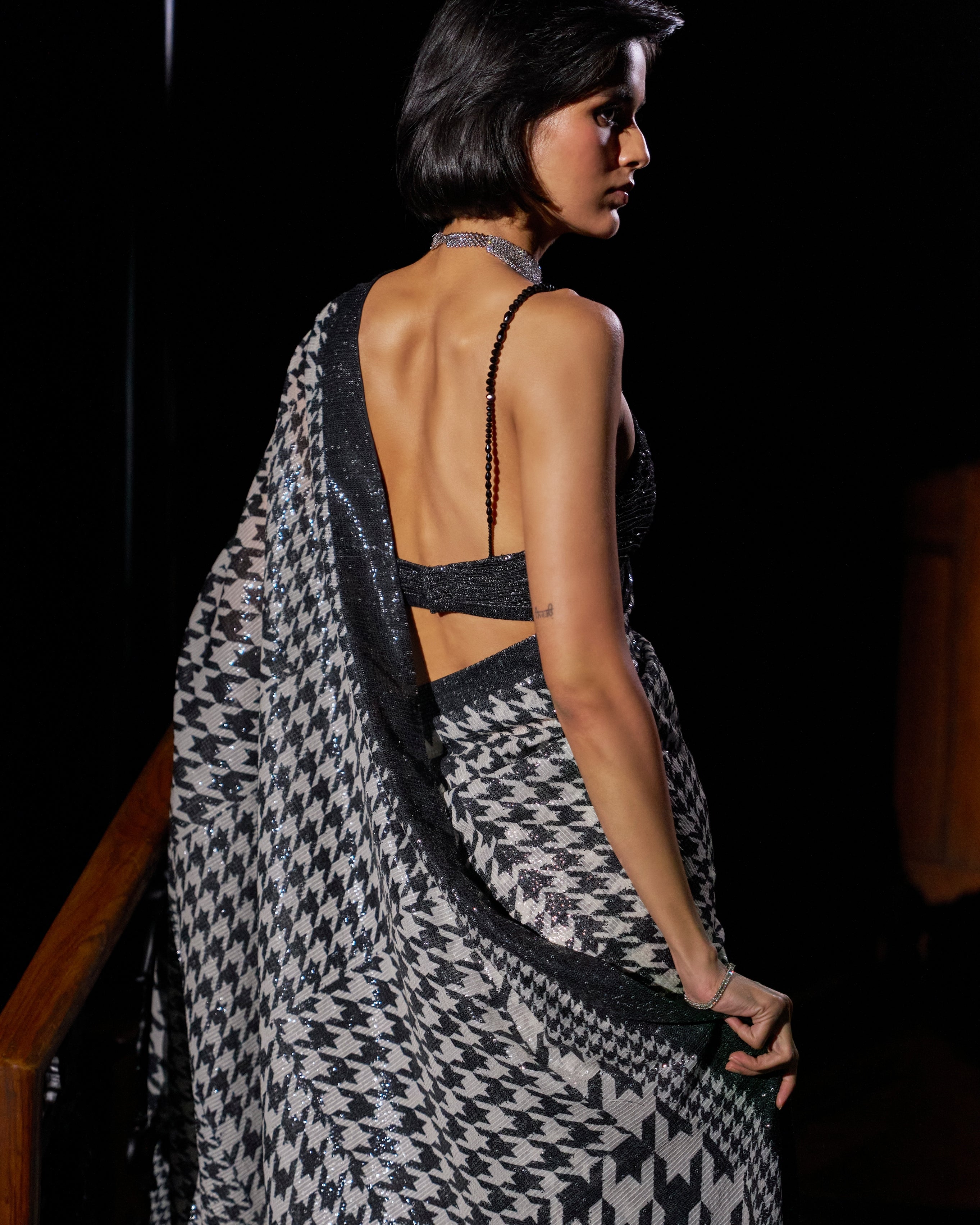 Hounds-Tooth Sequin Georgette Sari