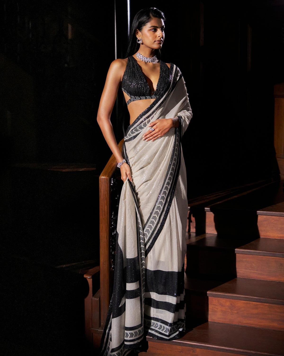 Black & White Sequin Georgette Sari