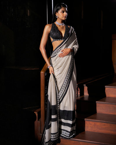 Black & White Sequin Georgette Sari