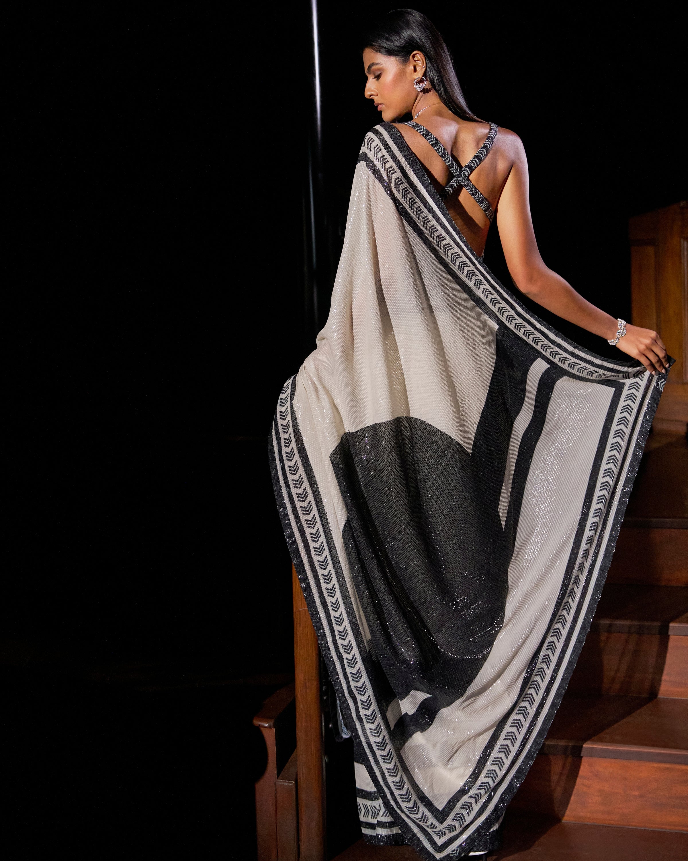 Black & White Sequin Georgette Sari