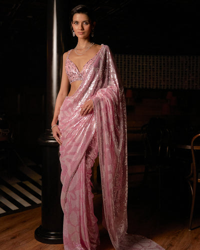 Pink Sequin Georgette Sari