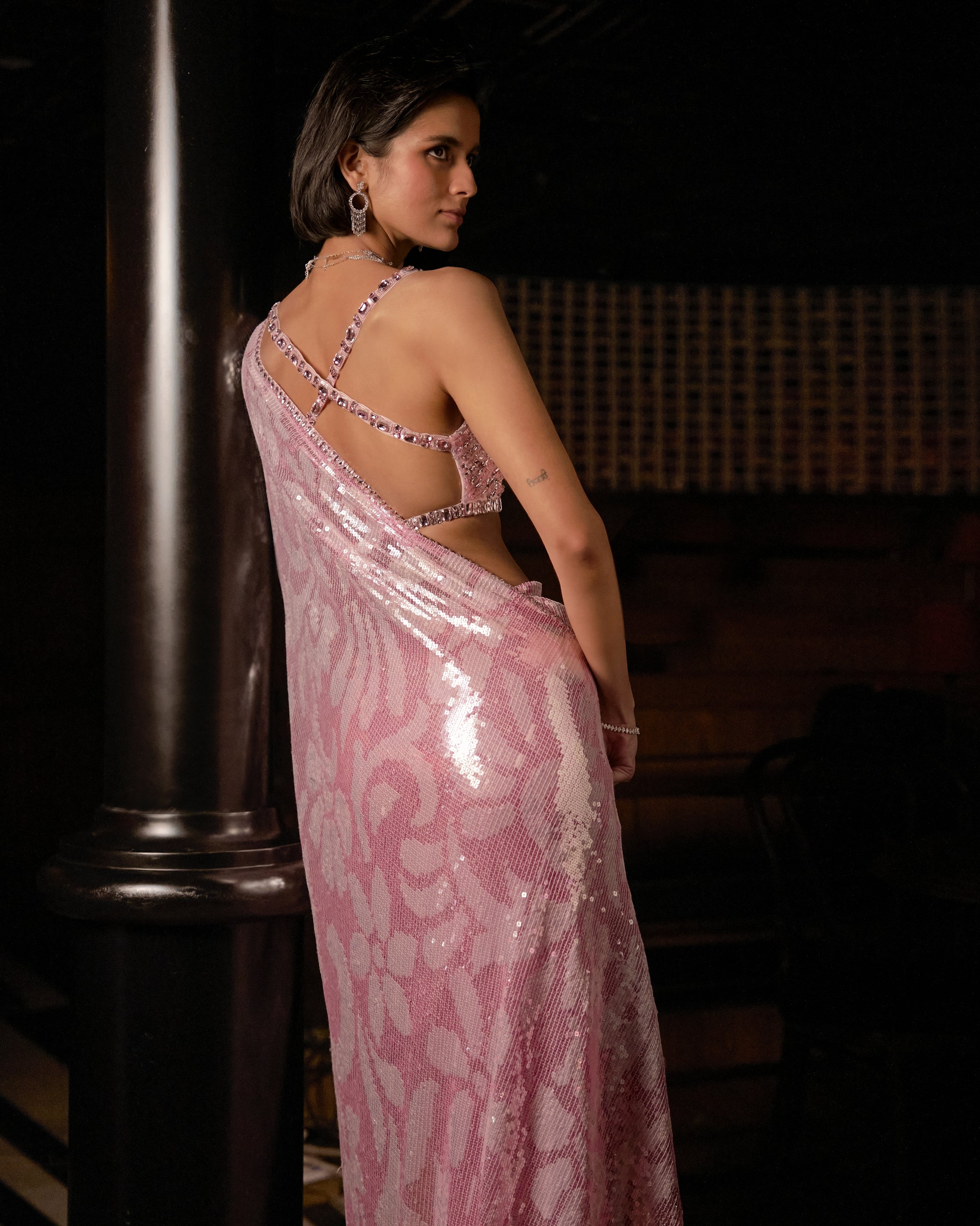 Pink Sequin Georgette Sari