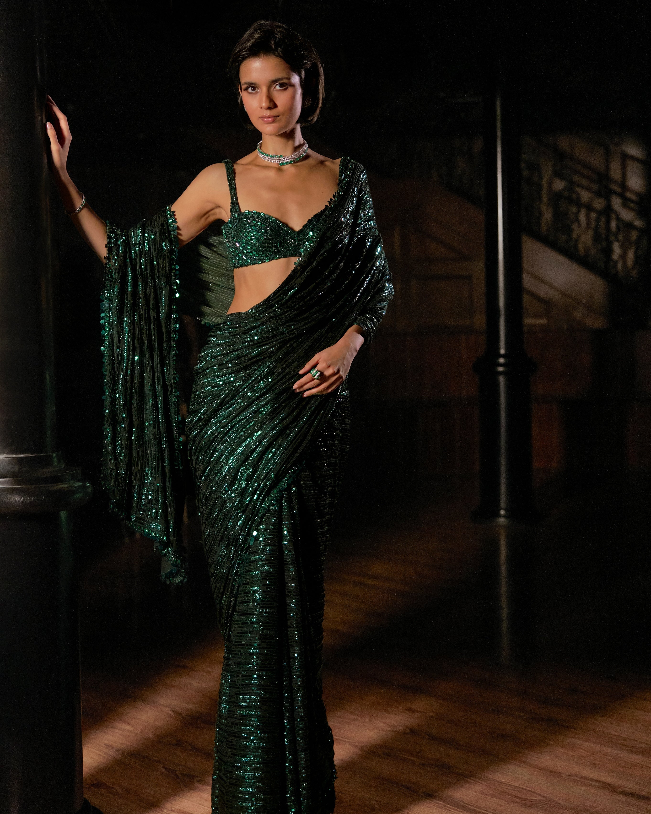 Emerald Green Sequin Georgette Sari
