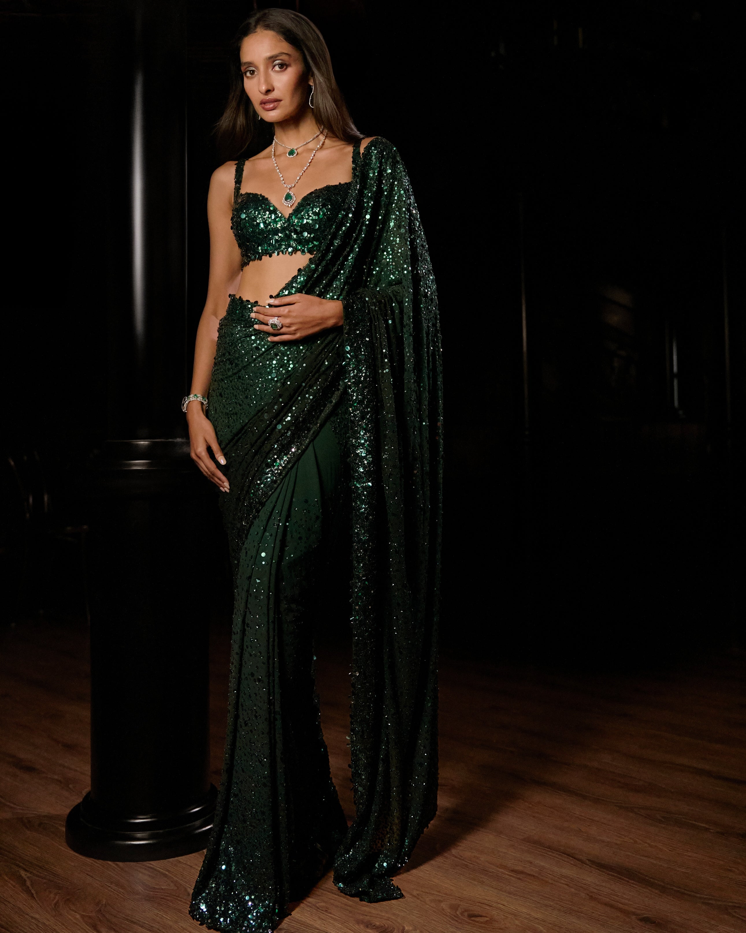 Emerald Green Ombre Sequin Georgette Sari