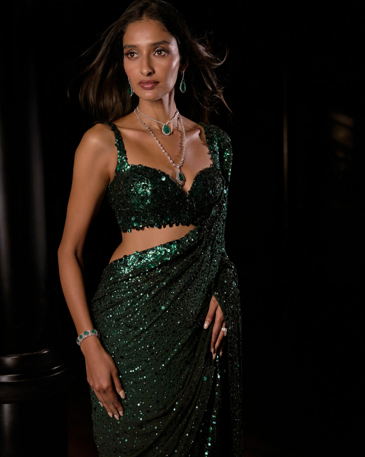 Emerald Green Ombre Sequin Georgette Sari