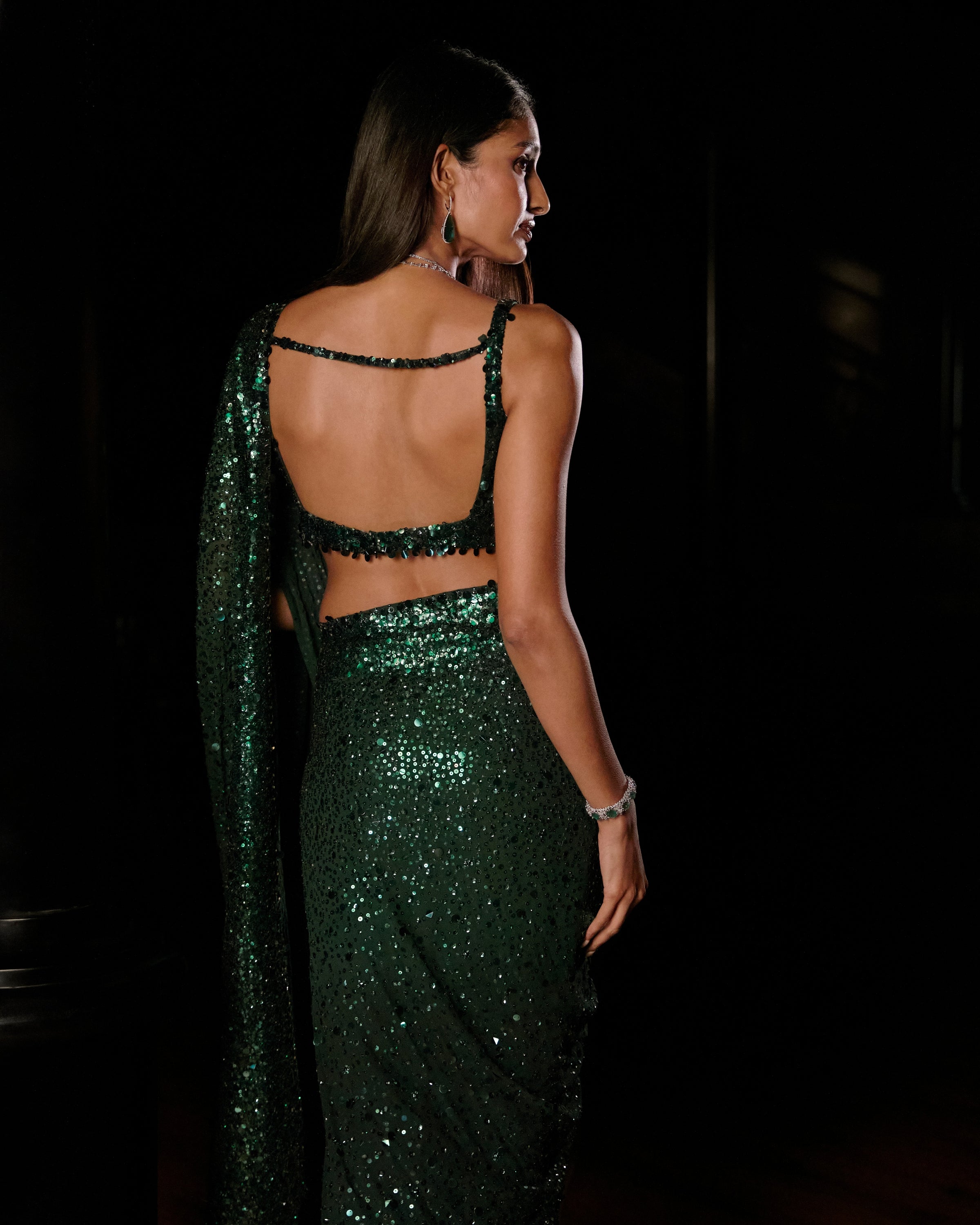 Emerald Green Ombre Sequin Georgette Sari