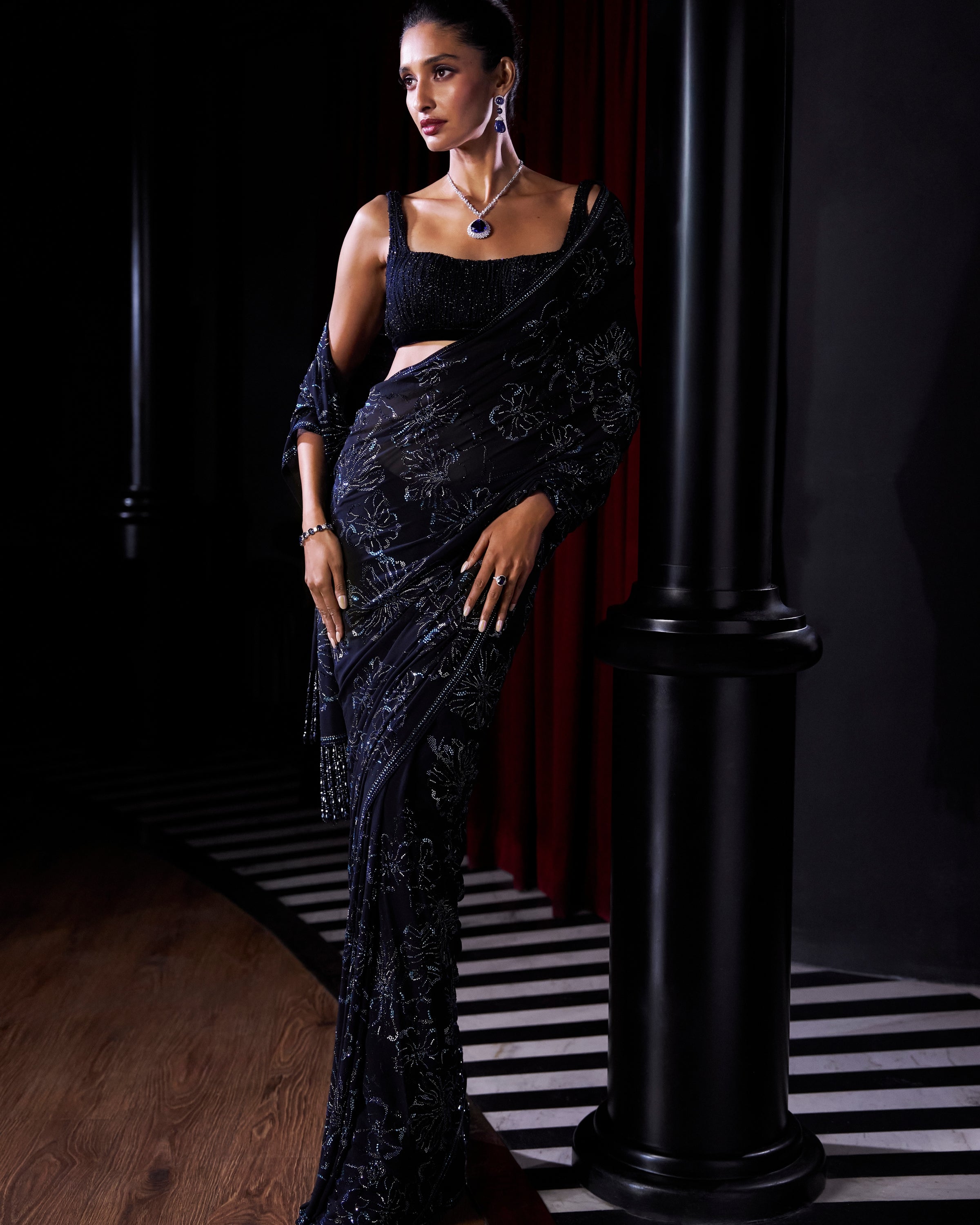 Midnight Blue Crystal Georgette Sari