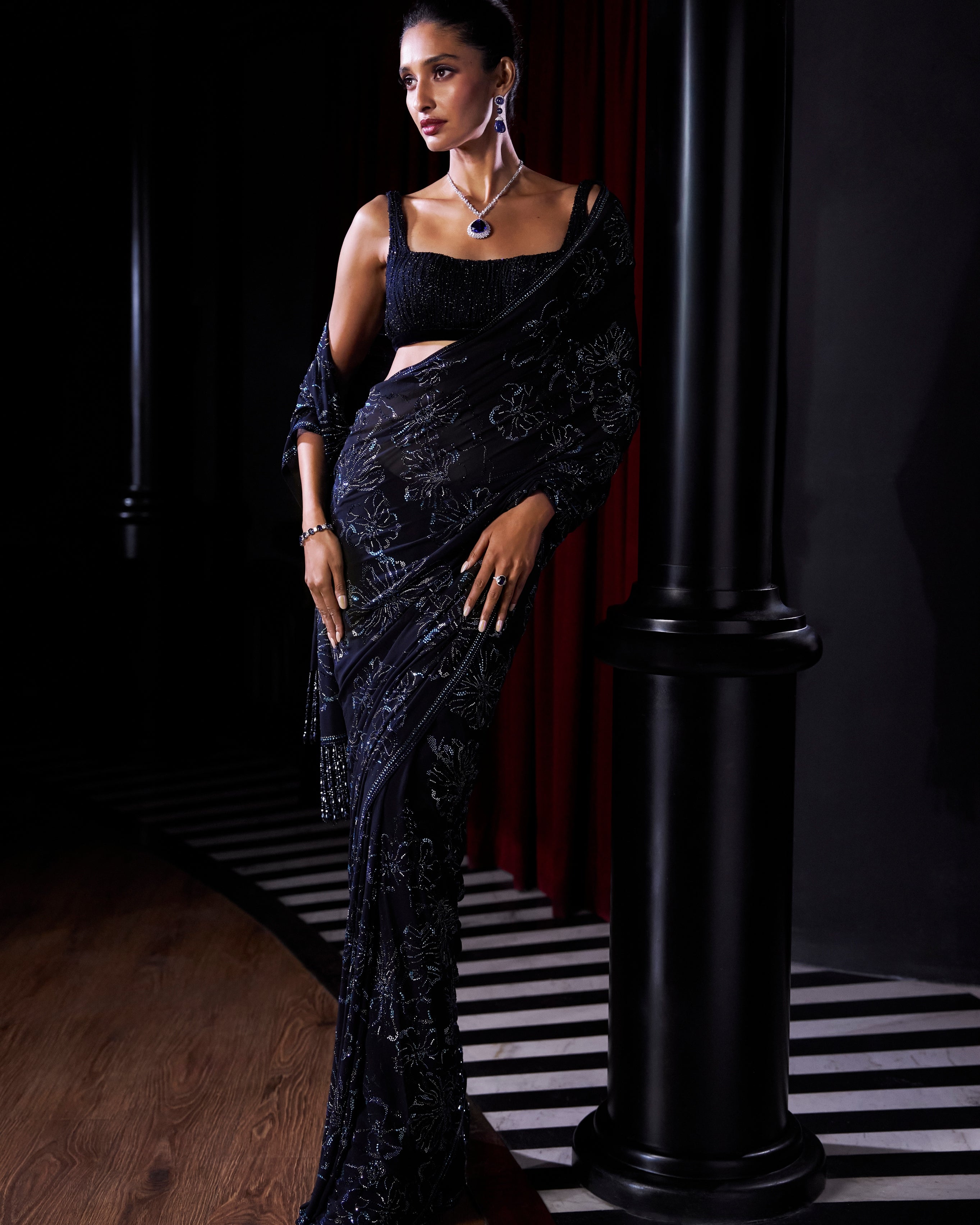 Midnight Blue Crystal Georgette Sari