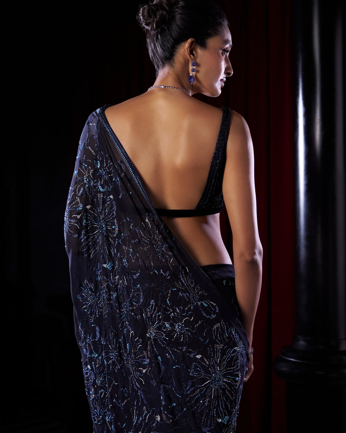 Midnight Blue Crystal Georgette Sari