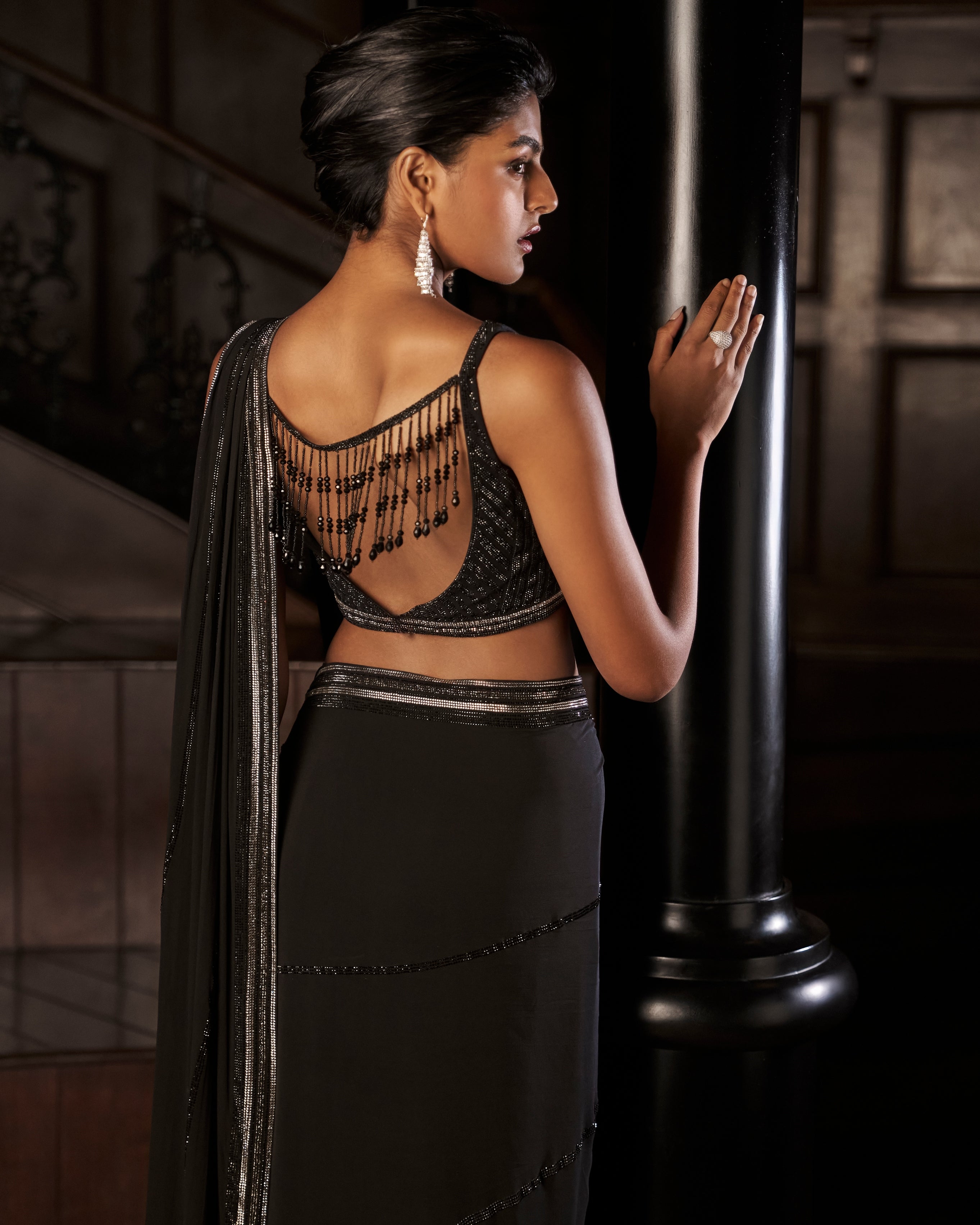 Black Draped Georgette Sari