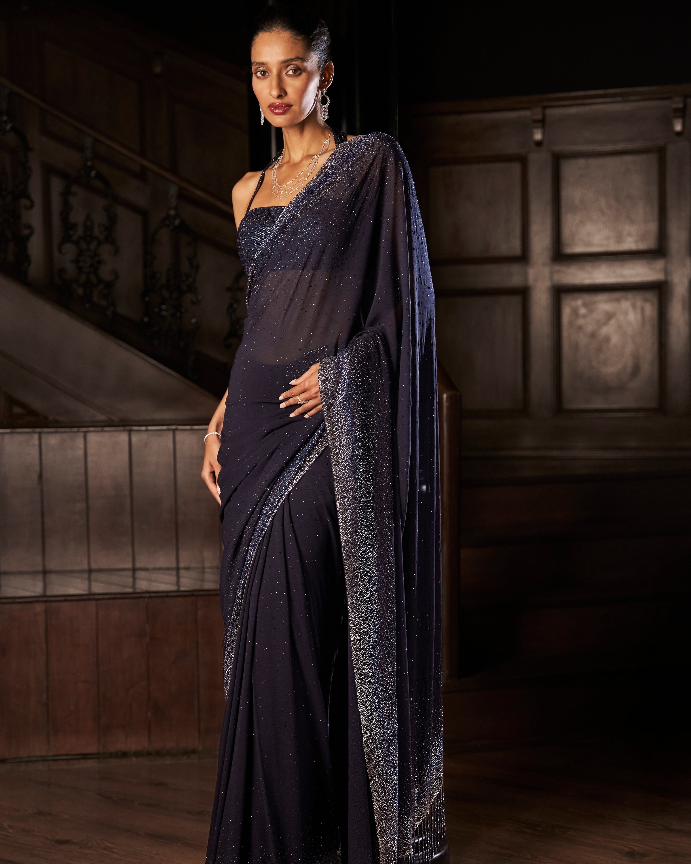 Navy Blue Crystal Georgette Sari