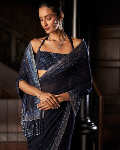 Navy Blue Crystal Georgette Sari