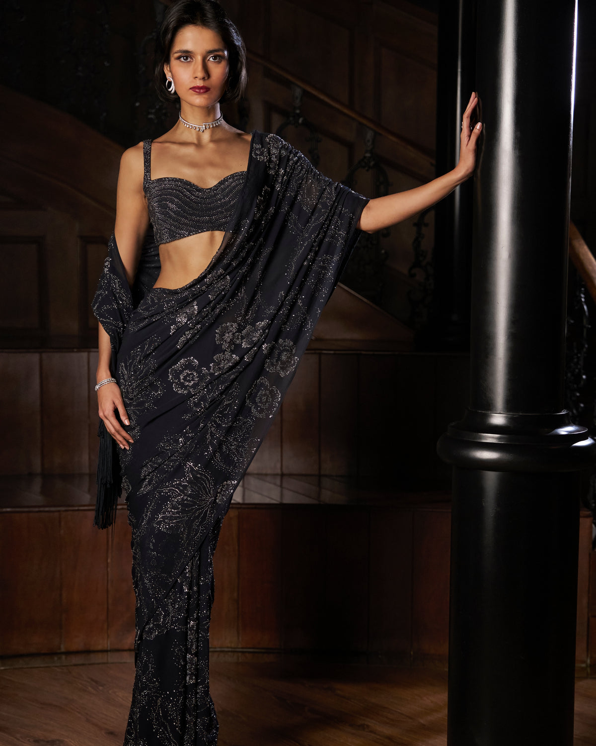 Steel Blue Crystal Georgette Sari