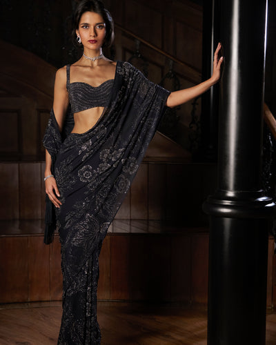 Steel Blue Crystal Georgette Sari