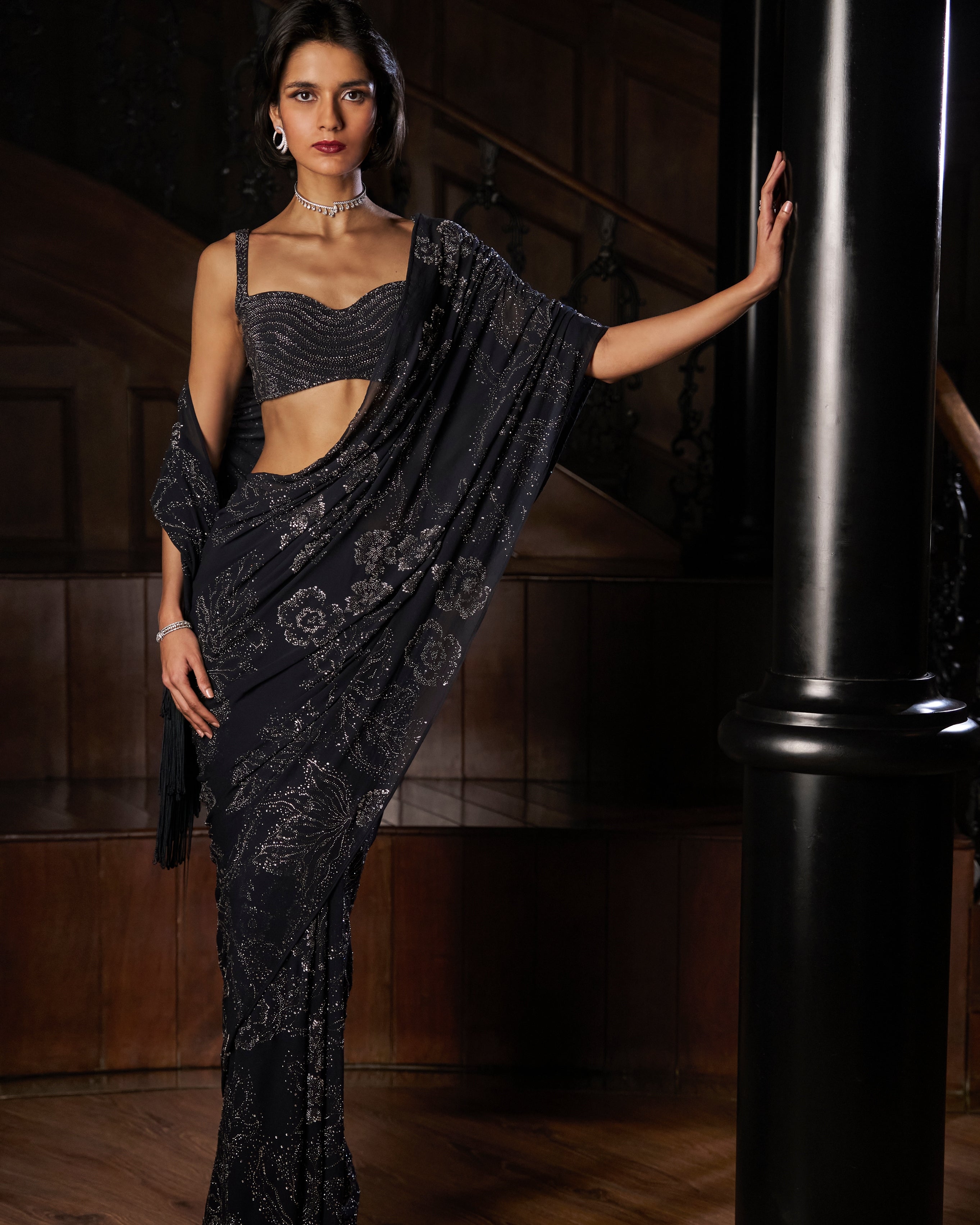 Steel Blue Crystal Georgette Sari