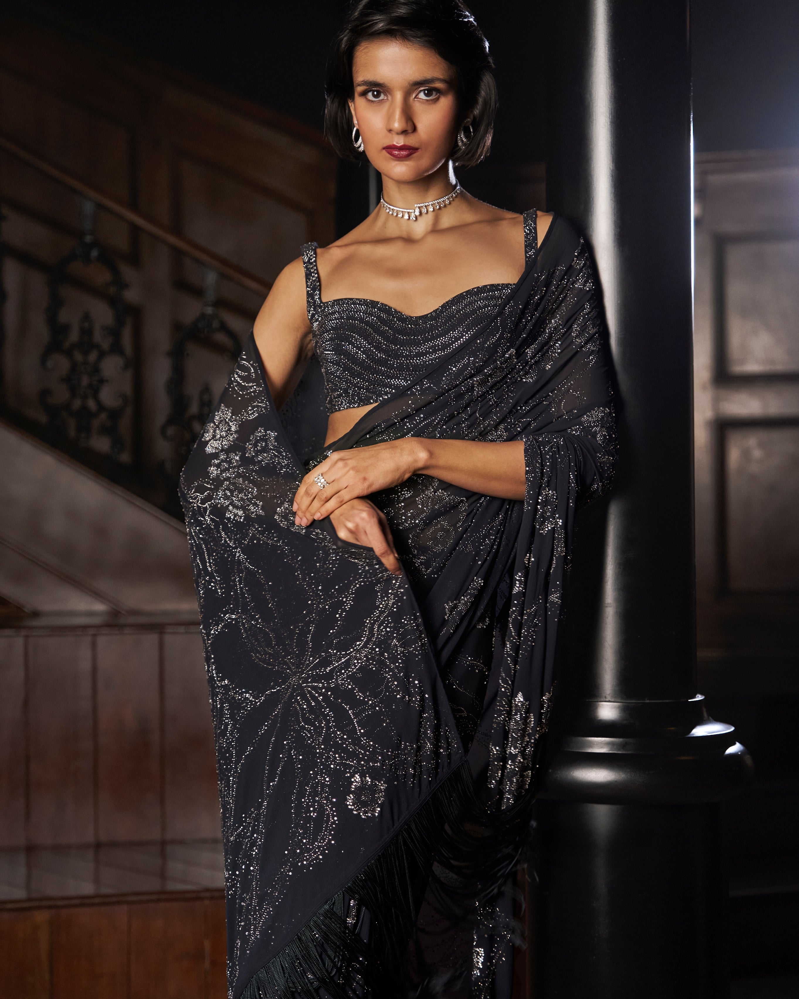 Steel Blue Crystal Georgette Sari