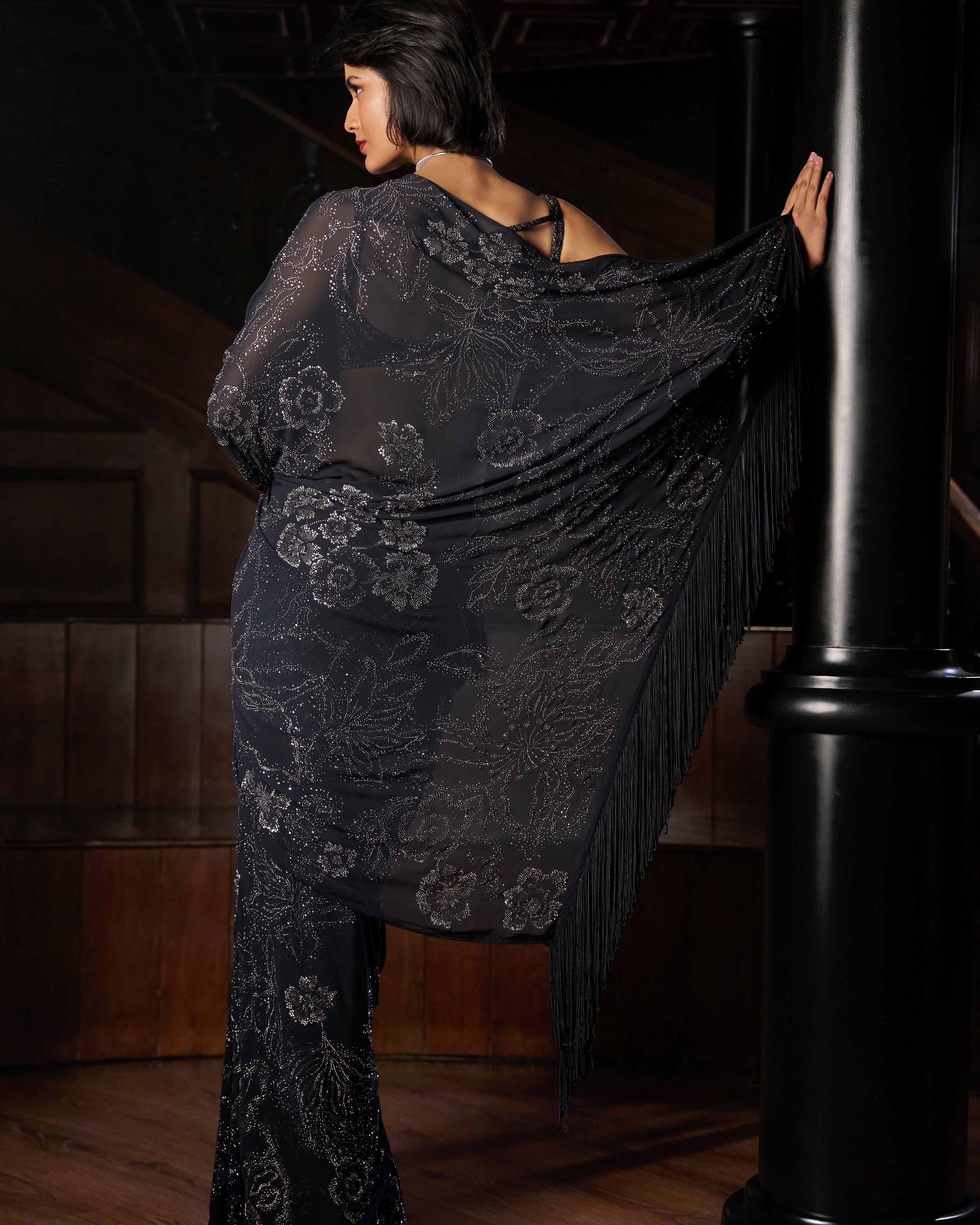 Steel Blue Crystal Georgette Sari