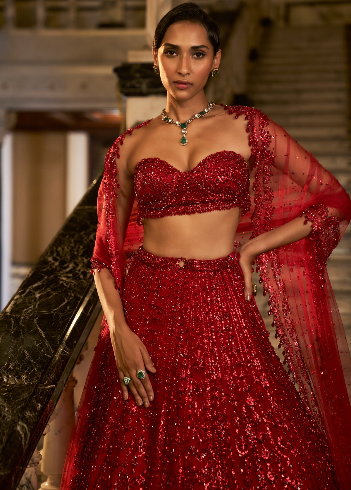 Falaknuma Red Crystal Lehenga Set