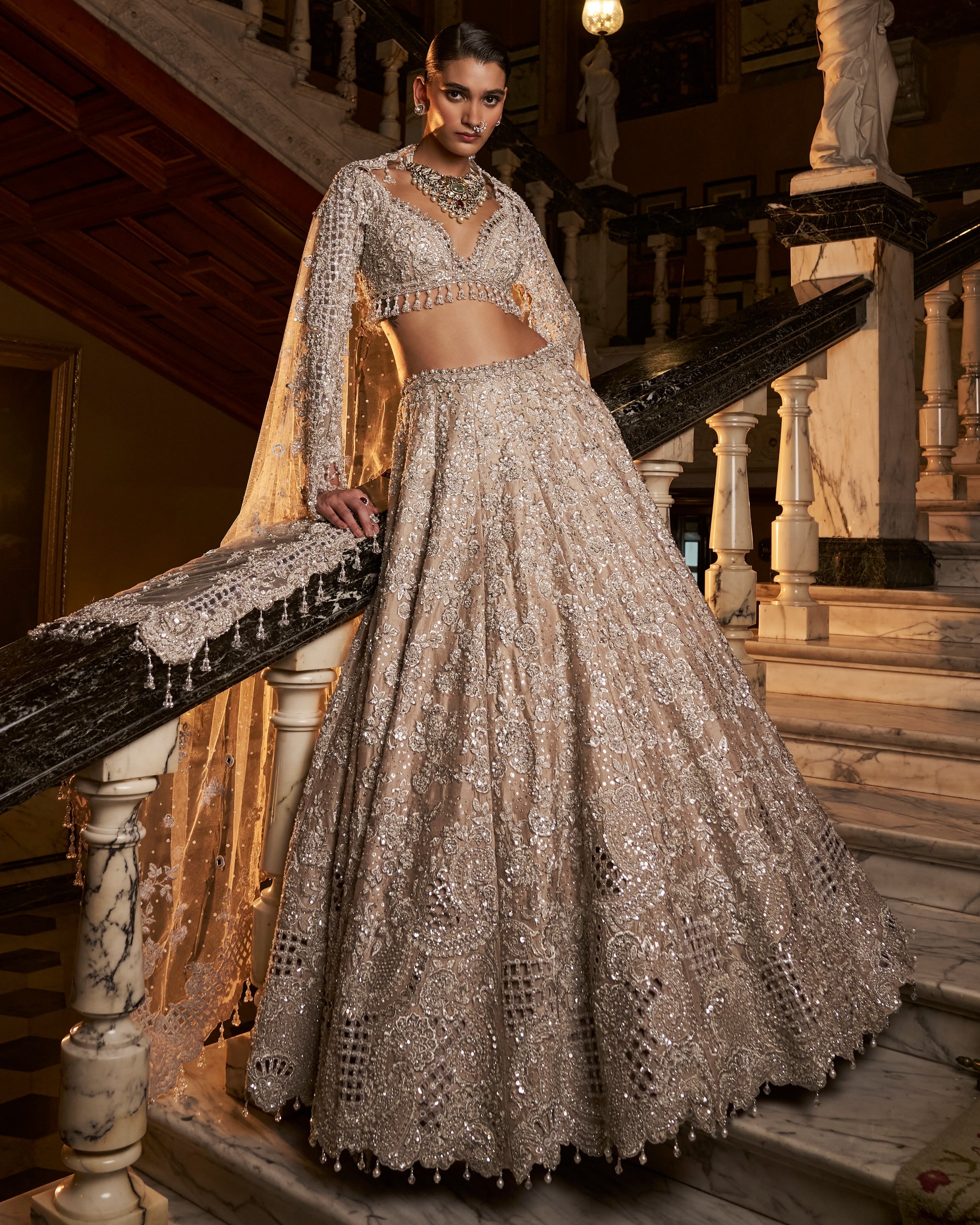 Falaknuma Nude Silver Cutwork Lehenga Set