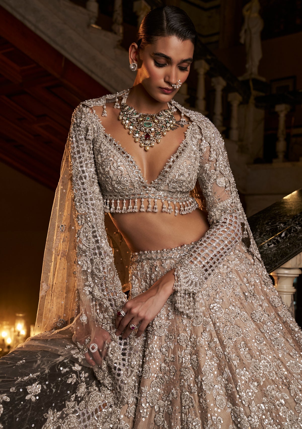 Falaknuma Nude Silver Cutwork Lehenga Set