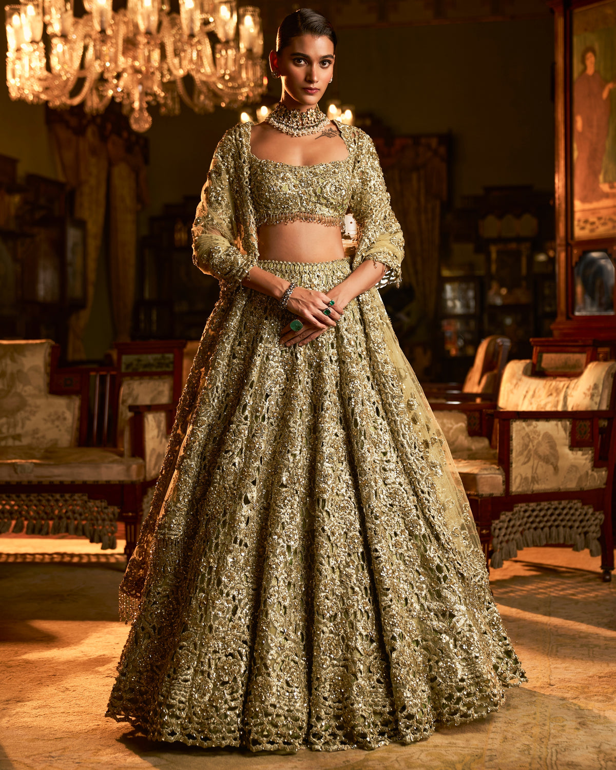 Falaknuma Sage Green Cut Work Lehenga Set