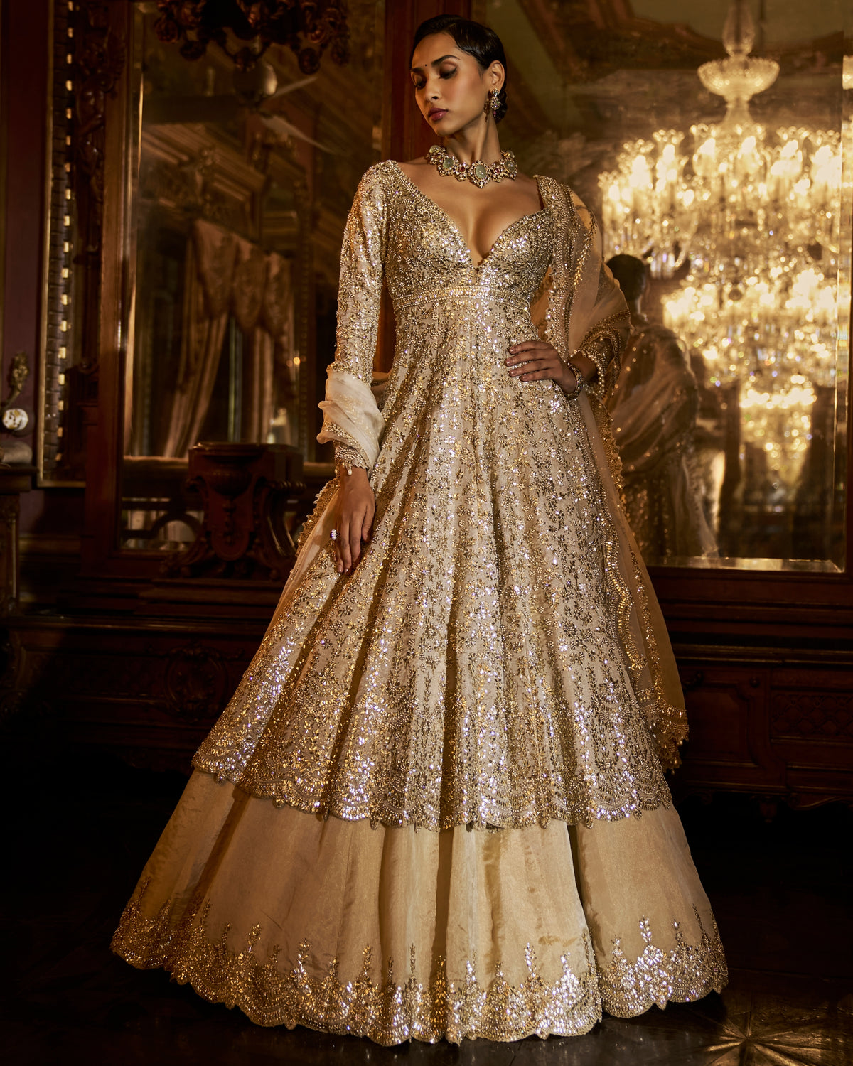 Falaknuma Silver Gold Jacket Lehenga Set