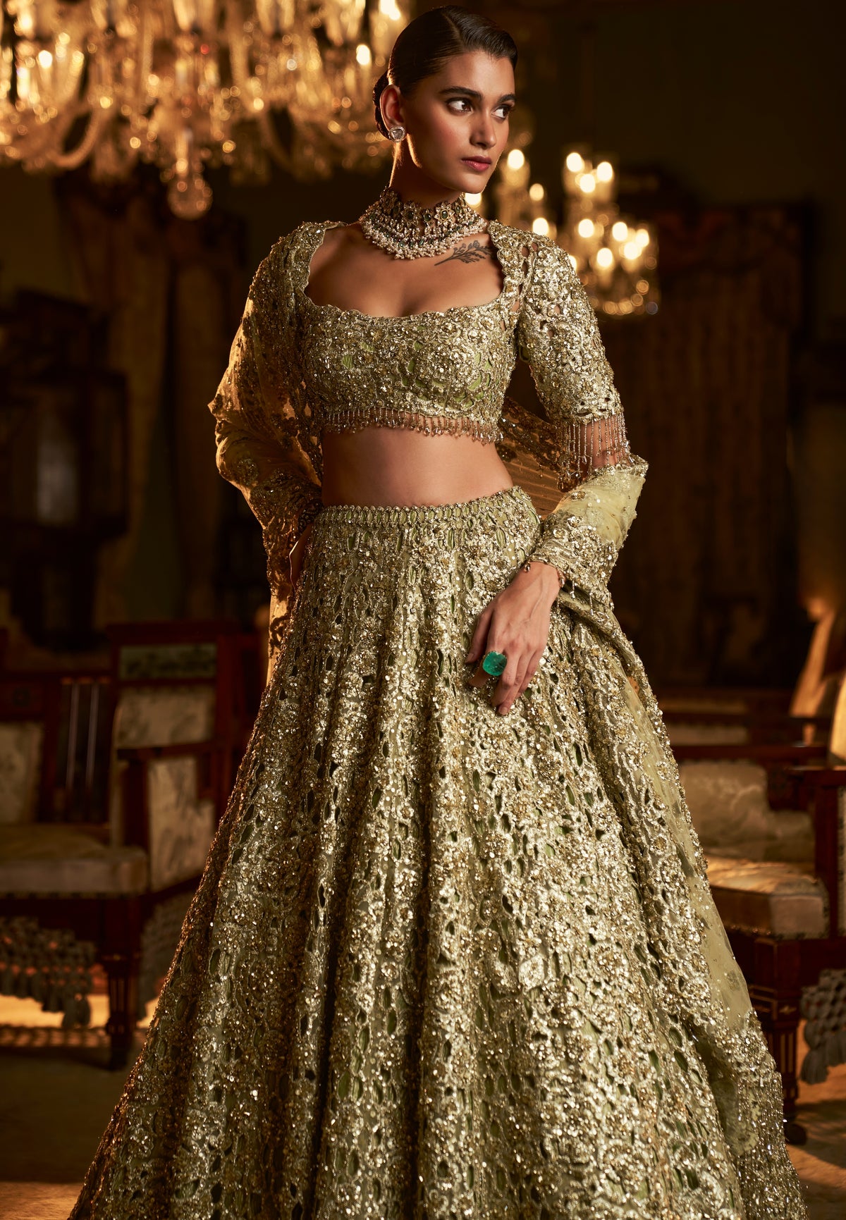 Falaknuma Sage Green Cut Work Lehenga Set