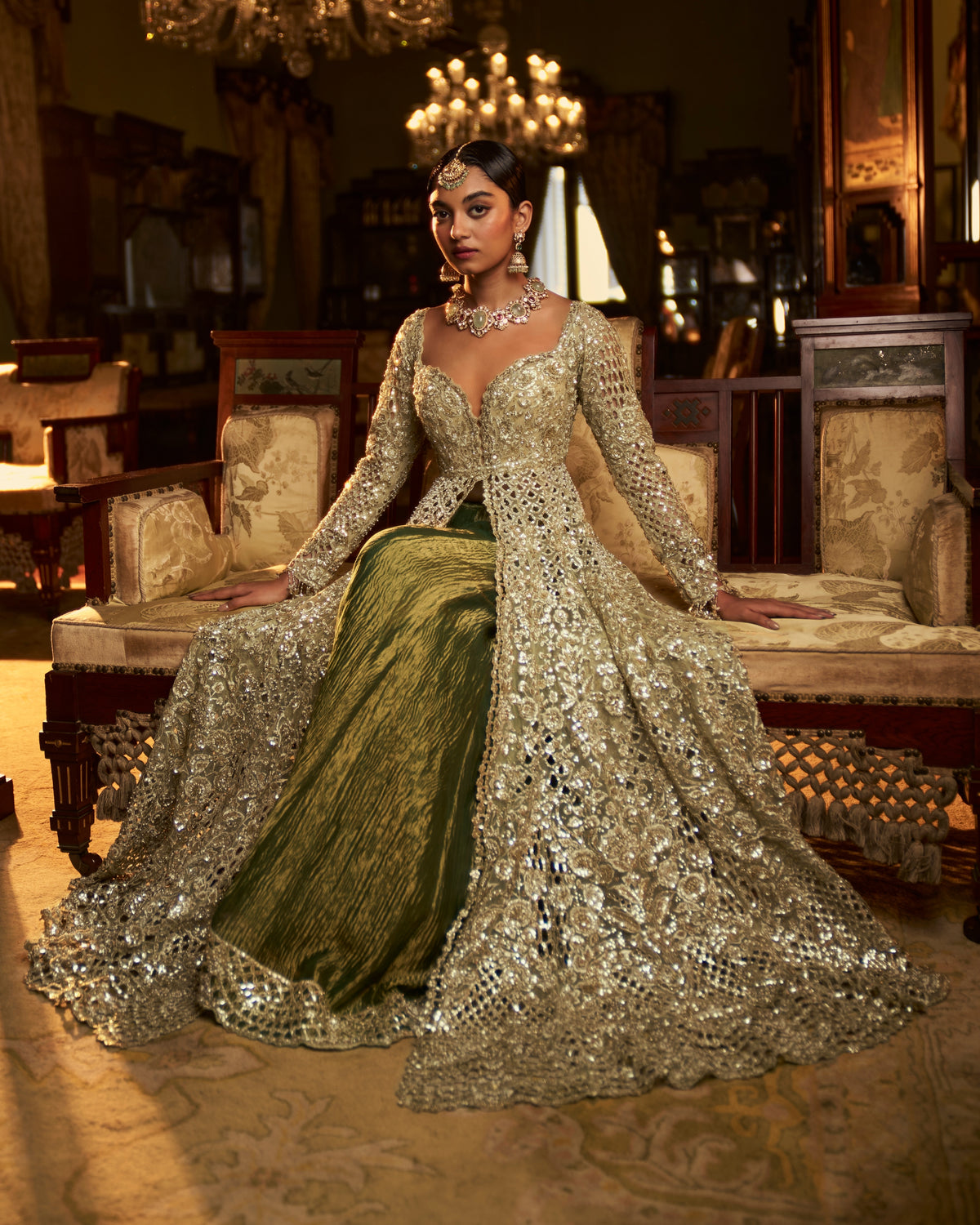 Falaknuma Sage Green Cut Work Jacket Sharara Set